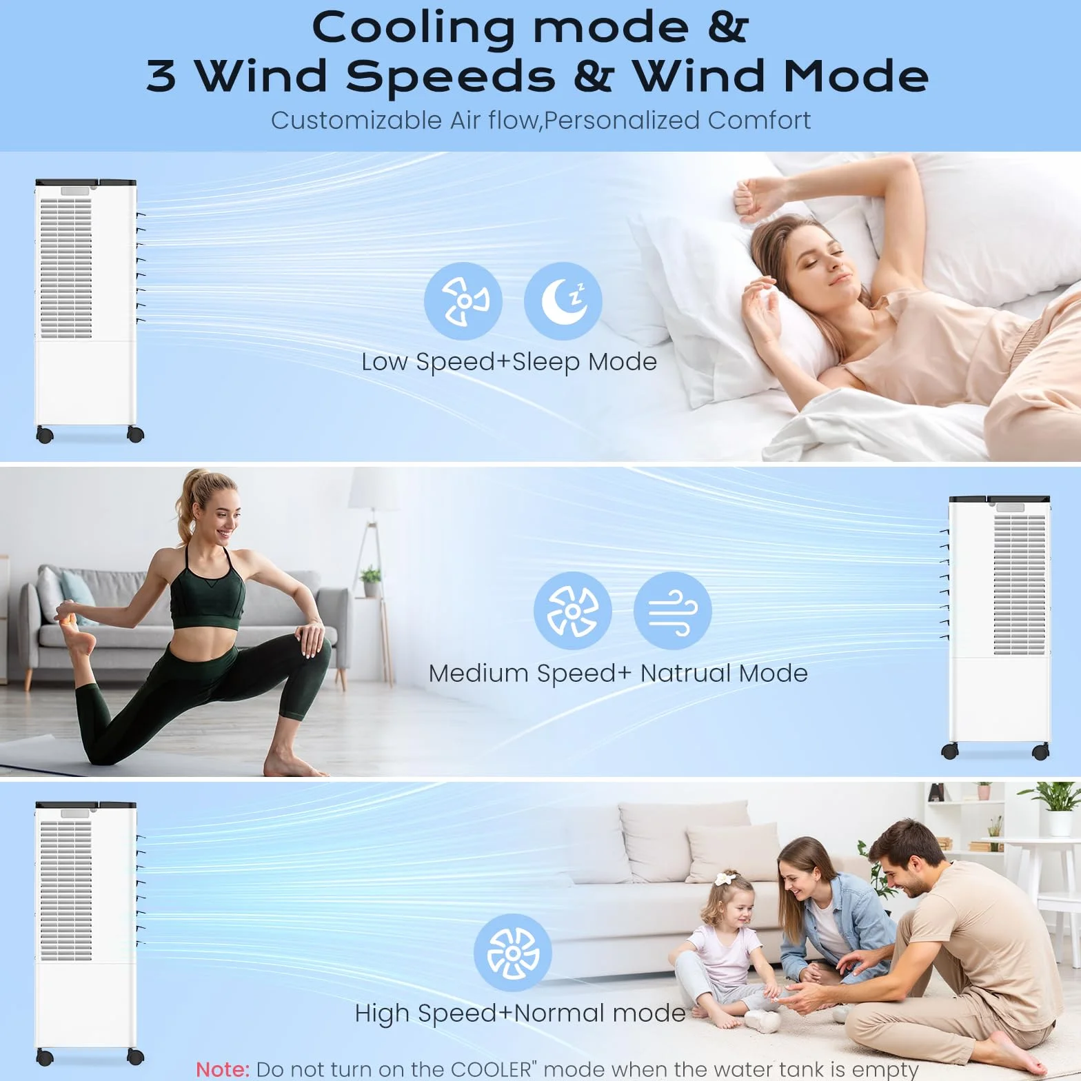 Aire Acondicionado Portátil Silencioso, Enfriador de Aire sin Tubo 4 en 1, 4 Modos 3 Velocidades, 60W Climatizador Evaporativo, Temporizadores de 1-12 H con Control Remoto, 4 Ruedas para Hogar Oficina