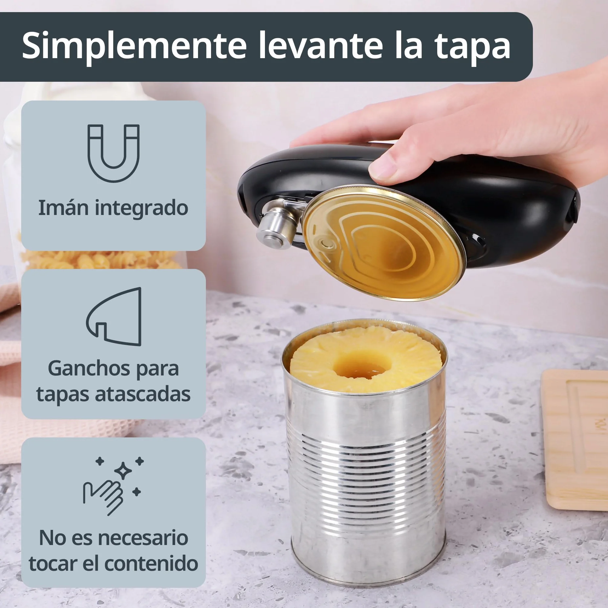 ADE Abrelatas eléctrico | abridor de botes sin esfuerzo | perfecto para personas mayores | práctico abridor de latas con imán y gancho | sin bordes afilados | pilas incluidas