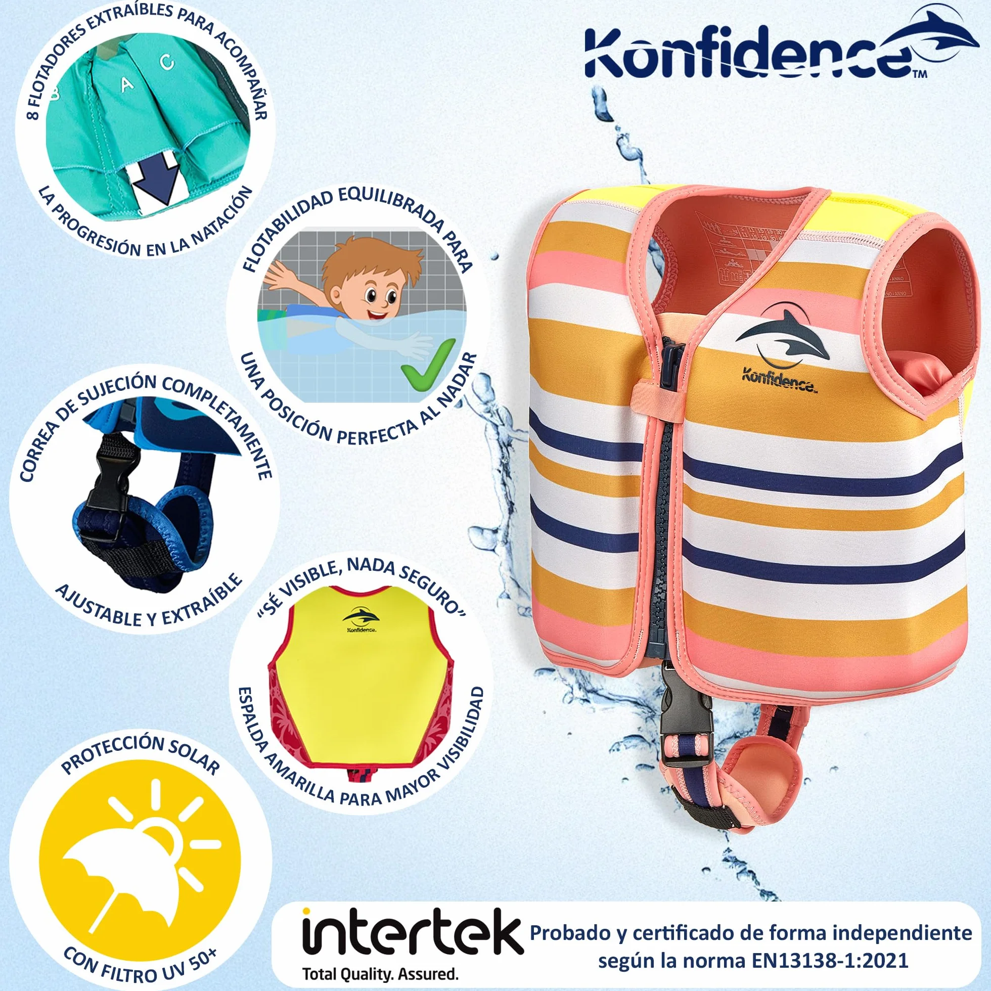 Konfidence Swim Jacket - Chaleco de Natación Premium con Correa de Seguridad Desmontable para Niños | Flotabilidad Ajustable | Cumple con CE | Aprobado por Escuelas