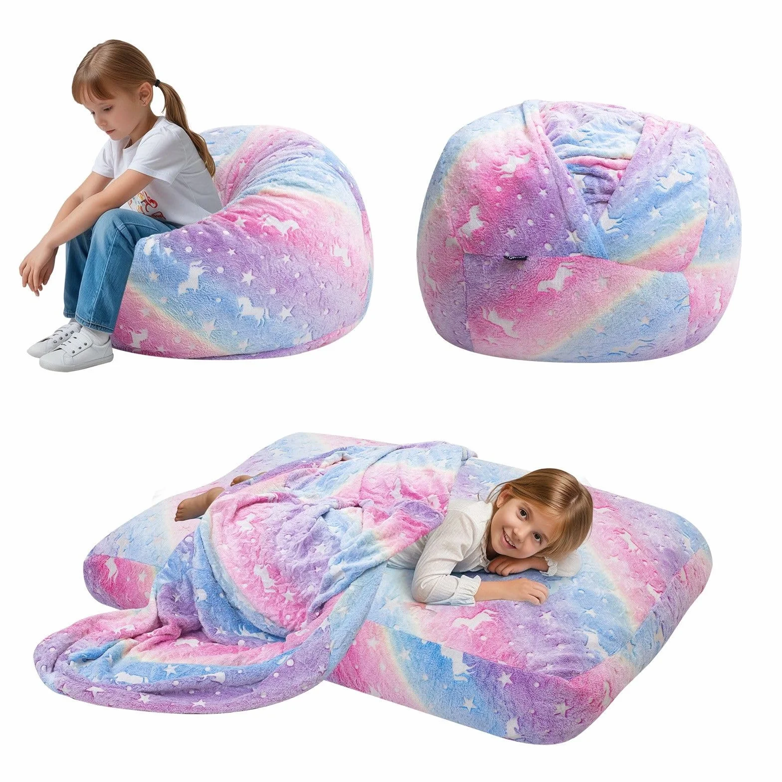 MeMoreCool Puf para niños que se convierte en cama puf, silla para niños pequeños para leer, sofá para niños perezosos con relleno, colchón convertible para suelo, 75 x 75 x 47 cm, arcoíris