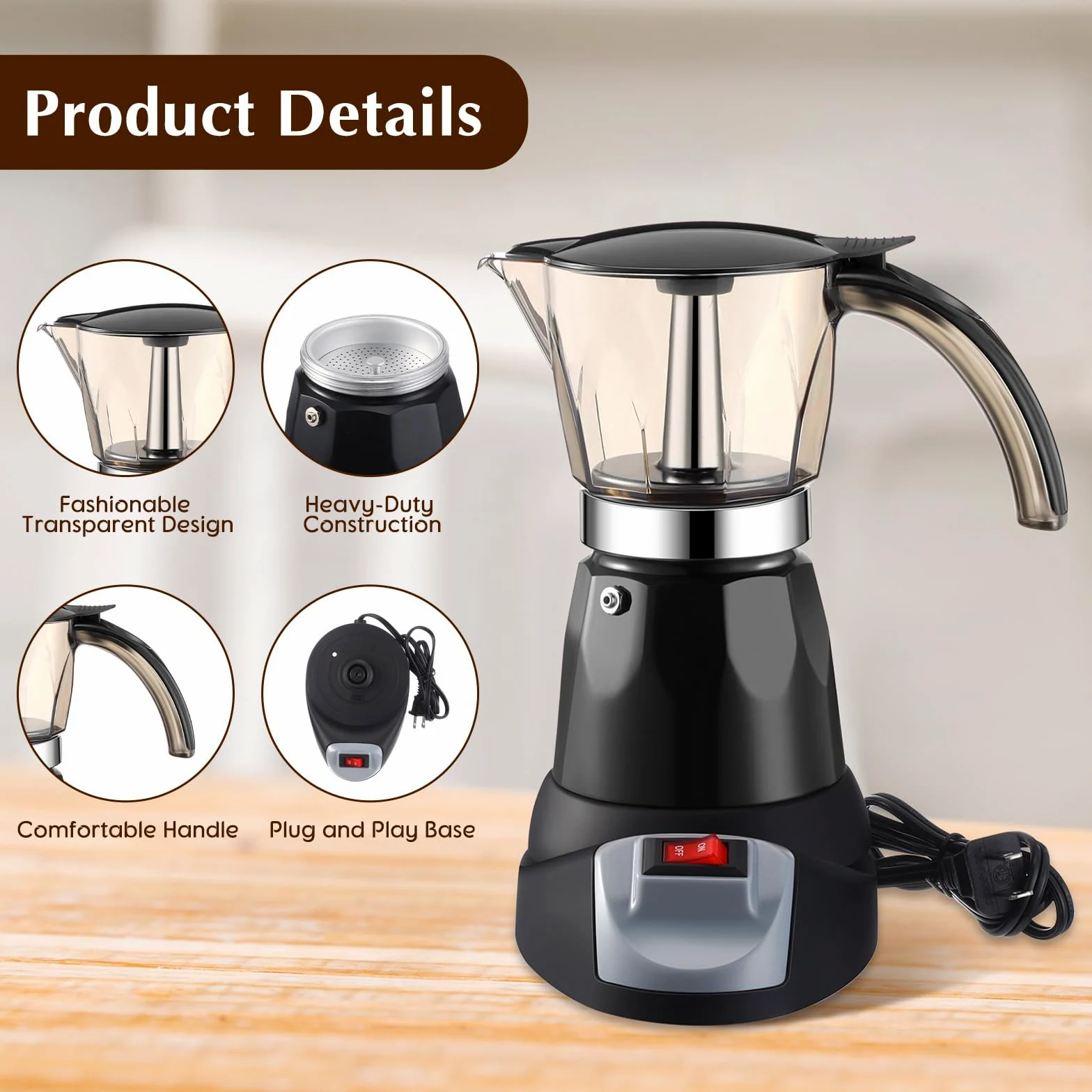 Cafetera italiana eléctrica cafetera cafetera clásica espresso 6 tazas aluminio café moca con base desmontable máquina portátil 300 ml cafeteras