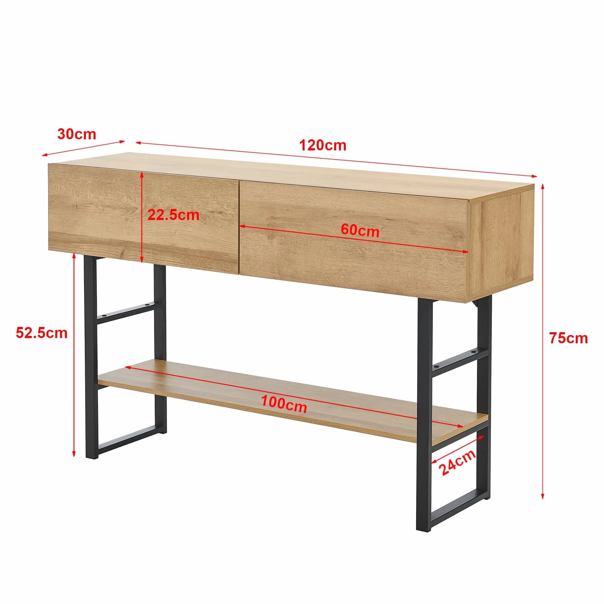 [en.casa] Mueble Recibidor Varberg Mesa Consola Mesa de Entrada con 2 Cajones y 1 Estante Regulable en Altura Metal Aglomerado 75 x 120 x 30 cm - Efecto Roble