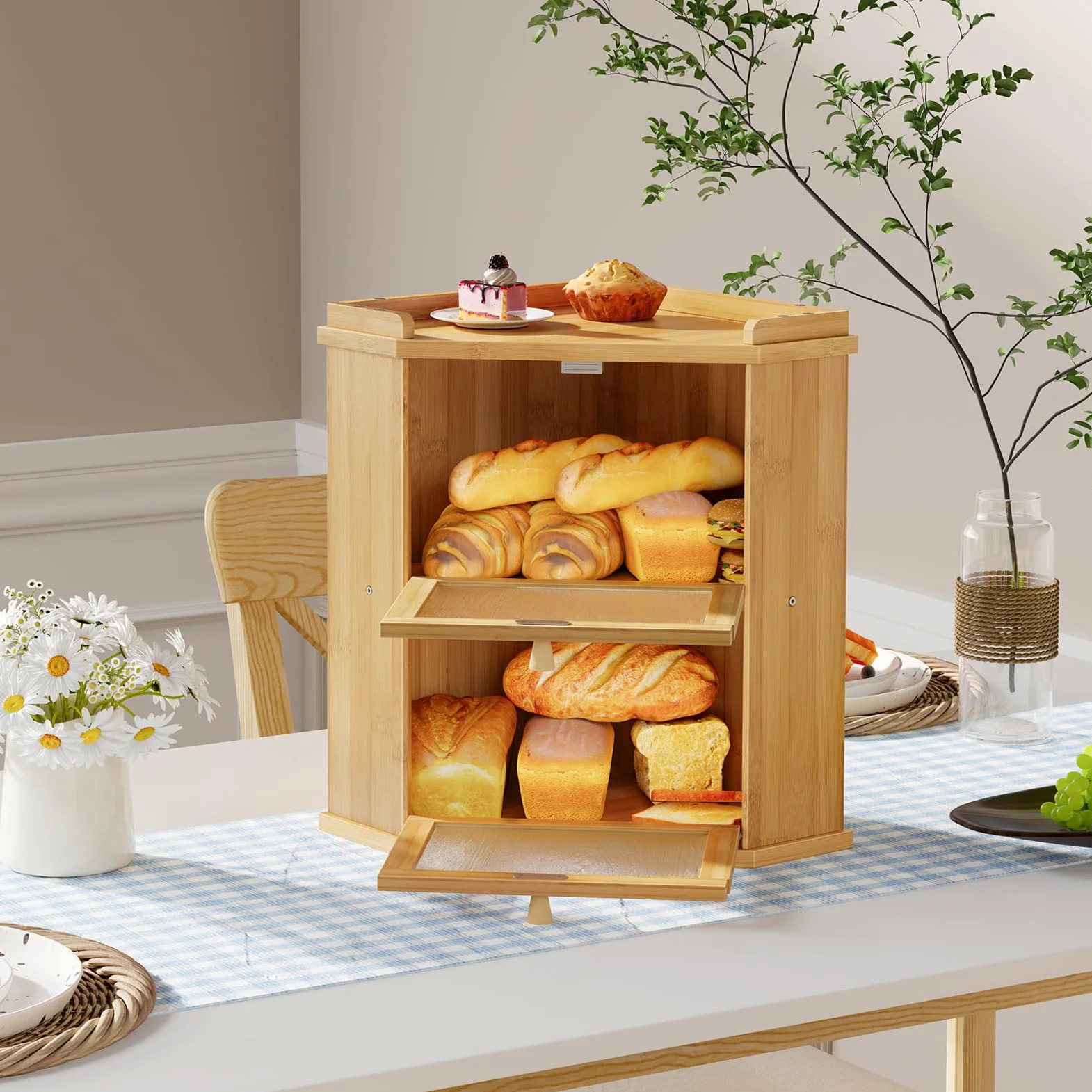 HOOBRO Panera, Caja para Pan de Bambú, Doble Nivel, con Compartimento Superior, para Cocina y Comedor, 32 x 32 x 44 cm, Natural EYL19MB01