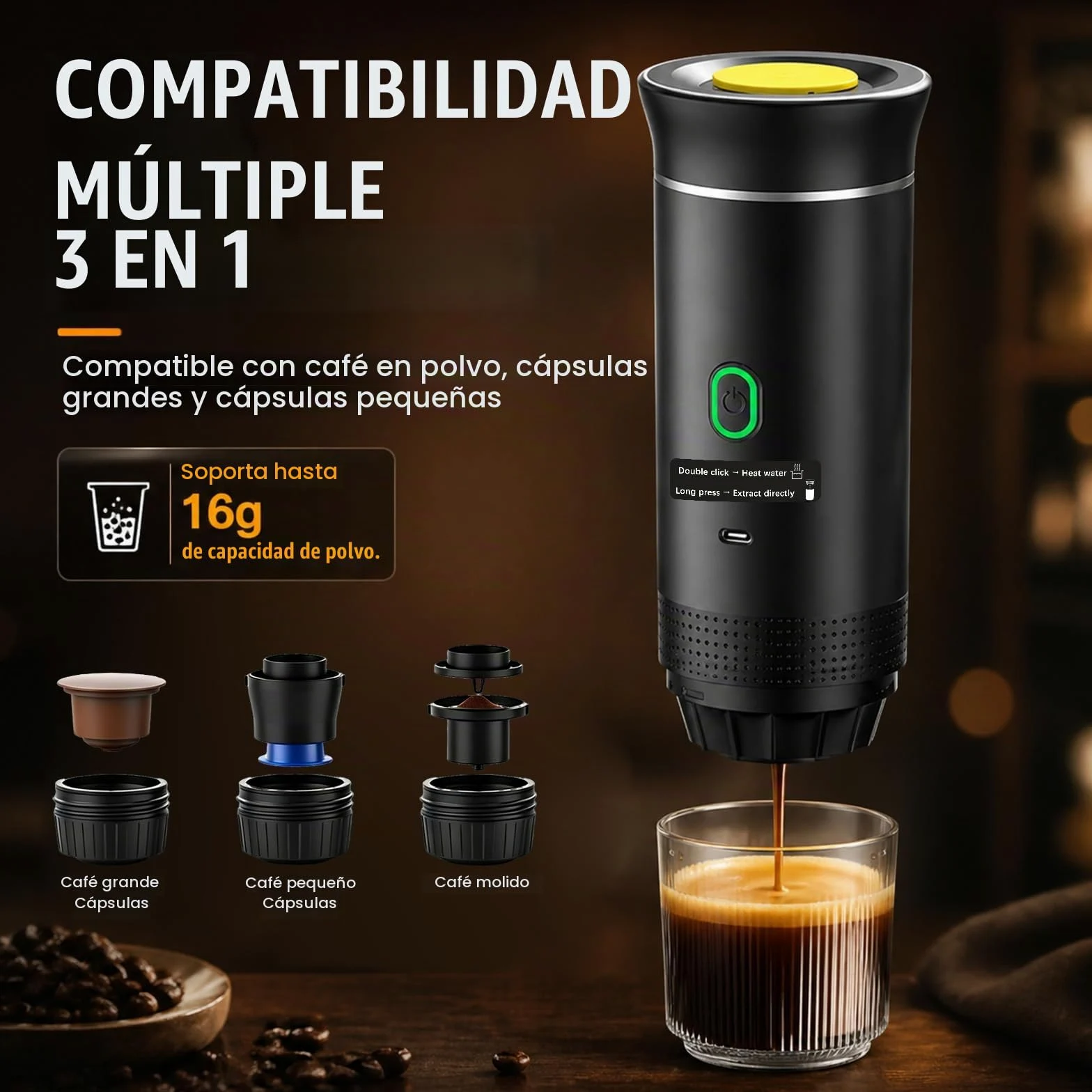 Cafetera Portátil 3 en 1 Eléctrica, Máquina de Café de Viaje 20 Bar con Autocalentamiento, Compatible con Cápsulas y Café Molido, Batería 7500mAh para Camping y Coche