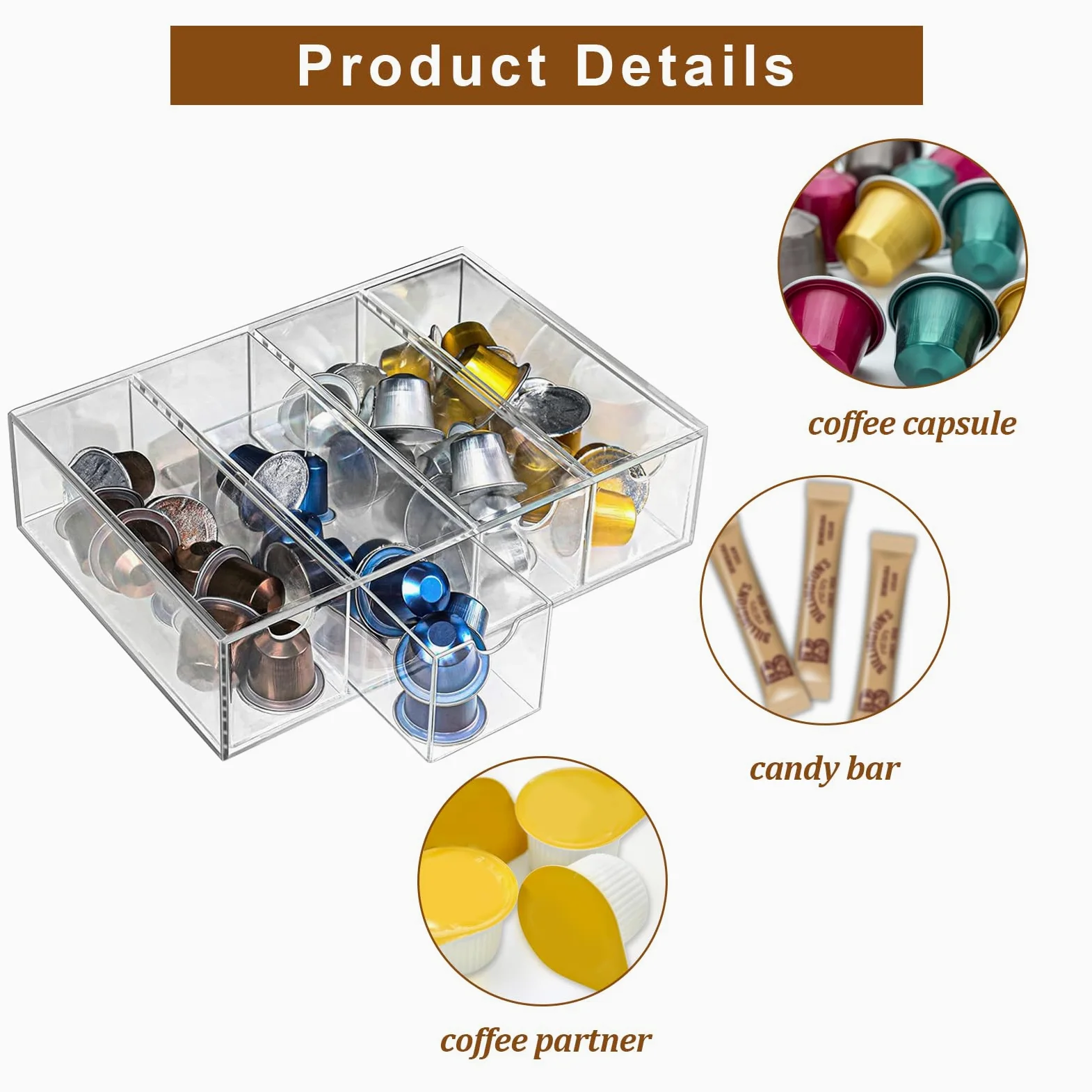 Juego de 2 cápsulas de café, soporte transparente para cápsulas de café, almacenamiento acrílico con 4 cajones, cápsulas de café de cocina y soporte para paquetes de azúcar con tapa, pequeño cajón