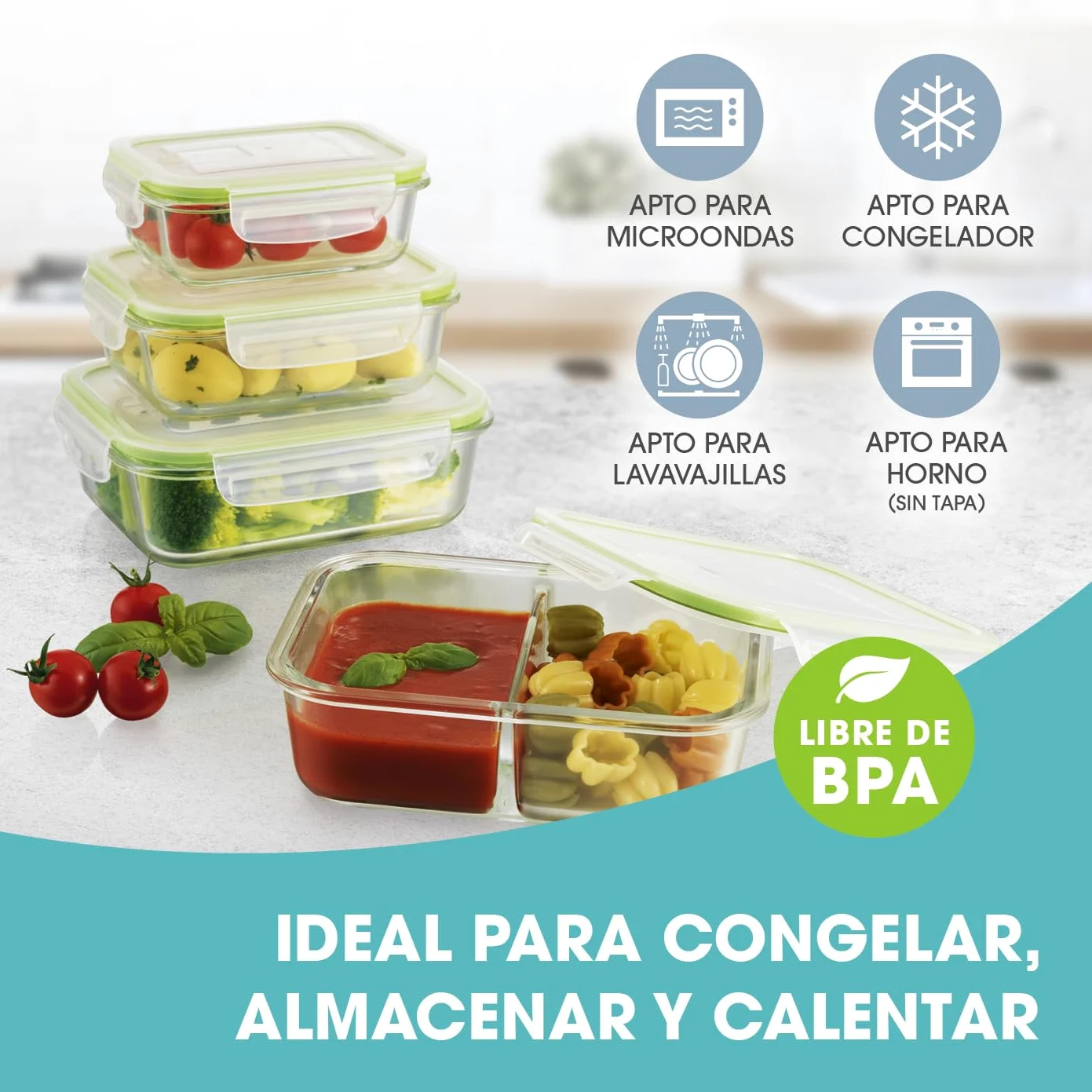GOURMETmaxx Juego de 4 recipientes de vidrio herméticos | Aptos para el lavavajillas, el microondas y el congelador | Tapa con junta de silicona y cierre de 4 clics | Verde lima