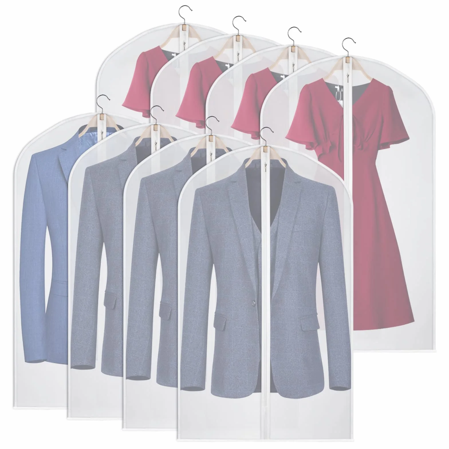 Juego de 8 fundas de ropa transparentes para almacenamiento de armario, para colgar ropa, a prueba de polvo, con cremallera, trajes, abrigos, vestidos, 61 x 102 cm