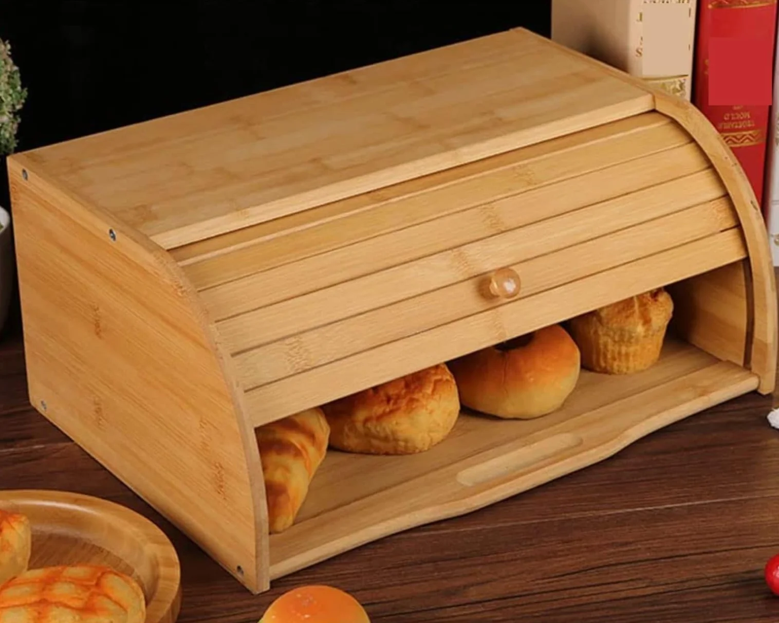 Caja De Pan Panera para Pan Caja De Pan De Bambú, Contenedor De Almacenamiento De Pan con Encimera Enrollable, Soporte De Pan Creativo Simple para Decoración Caja Contenedor De Pan