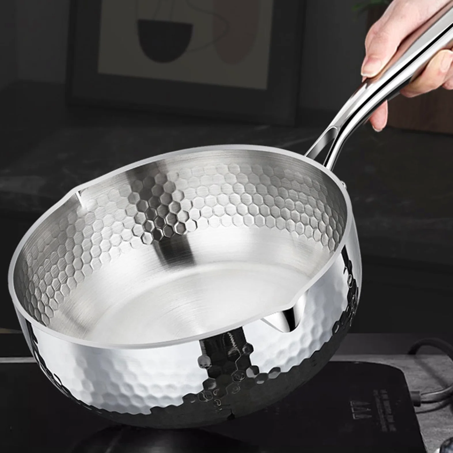 Cazo Con Tapa Acero Inoxidable Con Tapa, Asa Y Pico Vertedor | Cazo Pequeño Para Vapor Y Salsas Para Freír, Cocinar a Fuego Lento, Hervir, en Cocina y en Hogar, Apto para Inducción