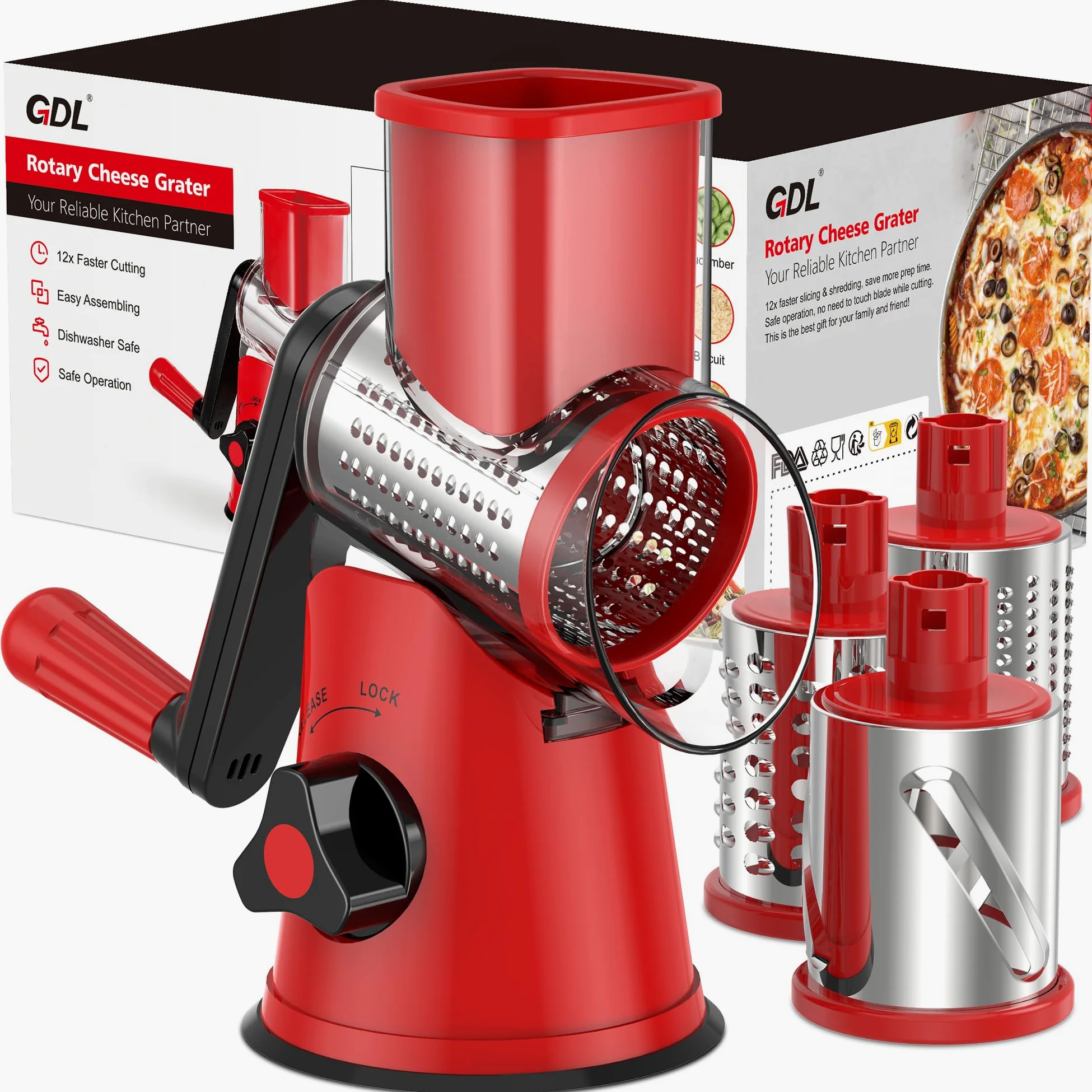 GDL Rallador de Queso, 3 Cuchillas Cortador de Verdura, Rallador Cocina | Versatilidad, Acero Inoxidable 430, Corte Rápido, Fácil Limpieza, Fuerte Ventosa, Seguridad de uso, Sin BPA, Mango Ergonómico