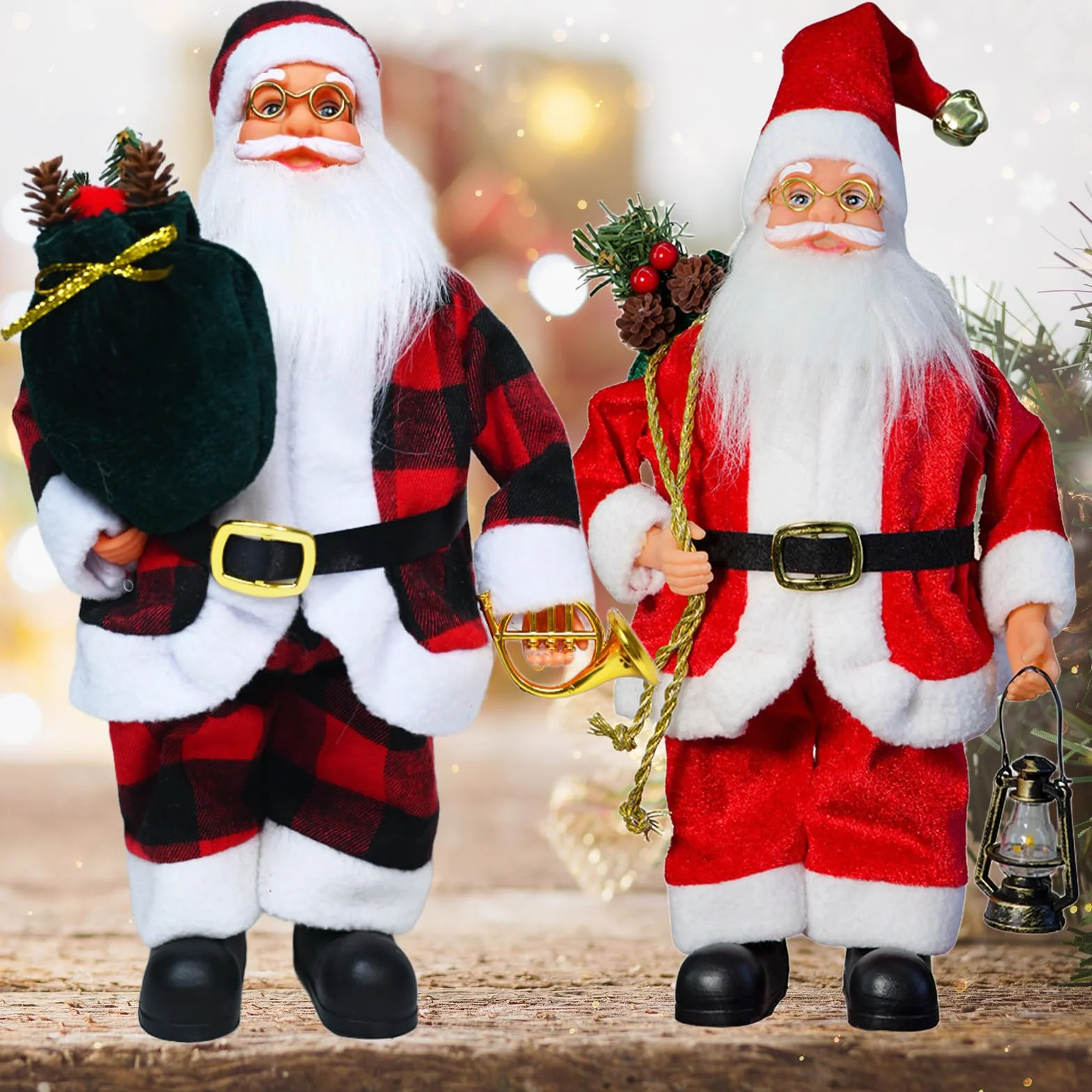 Figura de Papá Noel de pie de 39 cm Tradicional Rojo decoración de Navidad Ornamento muñeca Figura de Santa Claus Larga Barba con Bolsa de Rega para Ventana Mesa Chimenea Regalo de Decoración