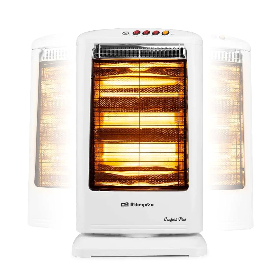 Orbegozo BP 0303 B, Estufa halógena, 3 niveles de potencia, 1200 W, emisión instantánea de calor, antivuelco, asa facil transpoerte, sistema oscilación automática, color blanco