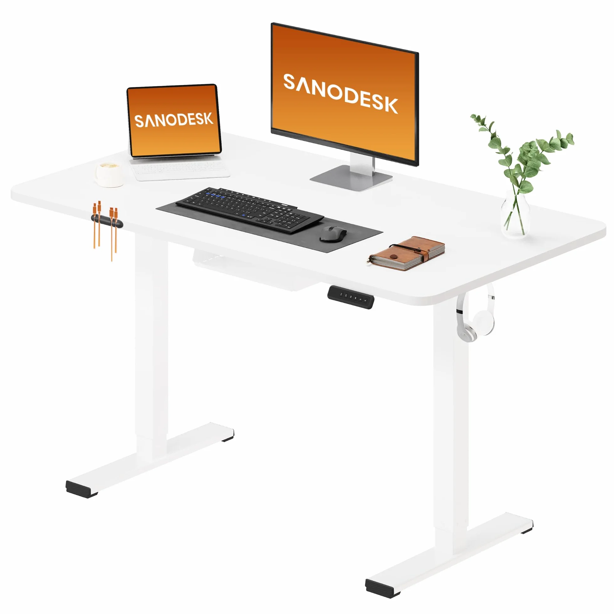 SANODESK Escritorio Elevable Eléctrico con Tablero Entero de Una Pieza 120x60 cm, Regulable en Altura con Memoria, Estable, Silencioso y Anticolisión, Ideal Teletrabajo y Oficina en Casa (Blanco)