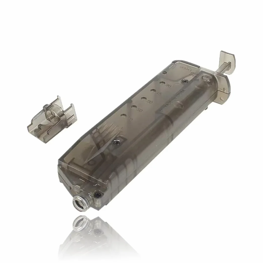 Cargador Rápido Airsoft para 100 BBs 6mm | Diseño robusto de plástico con adaptador de pistola. Recarga veloz y segura para cargadores de pistolas y fusiles Airsoft.