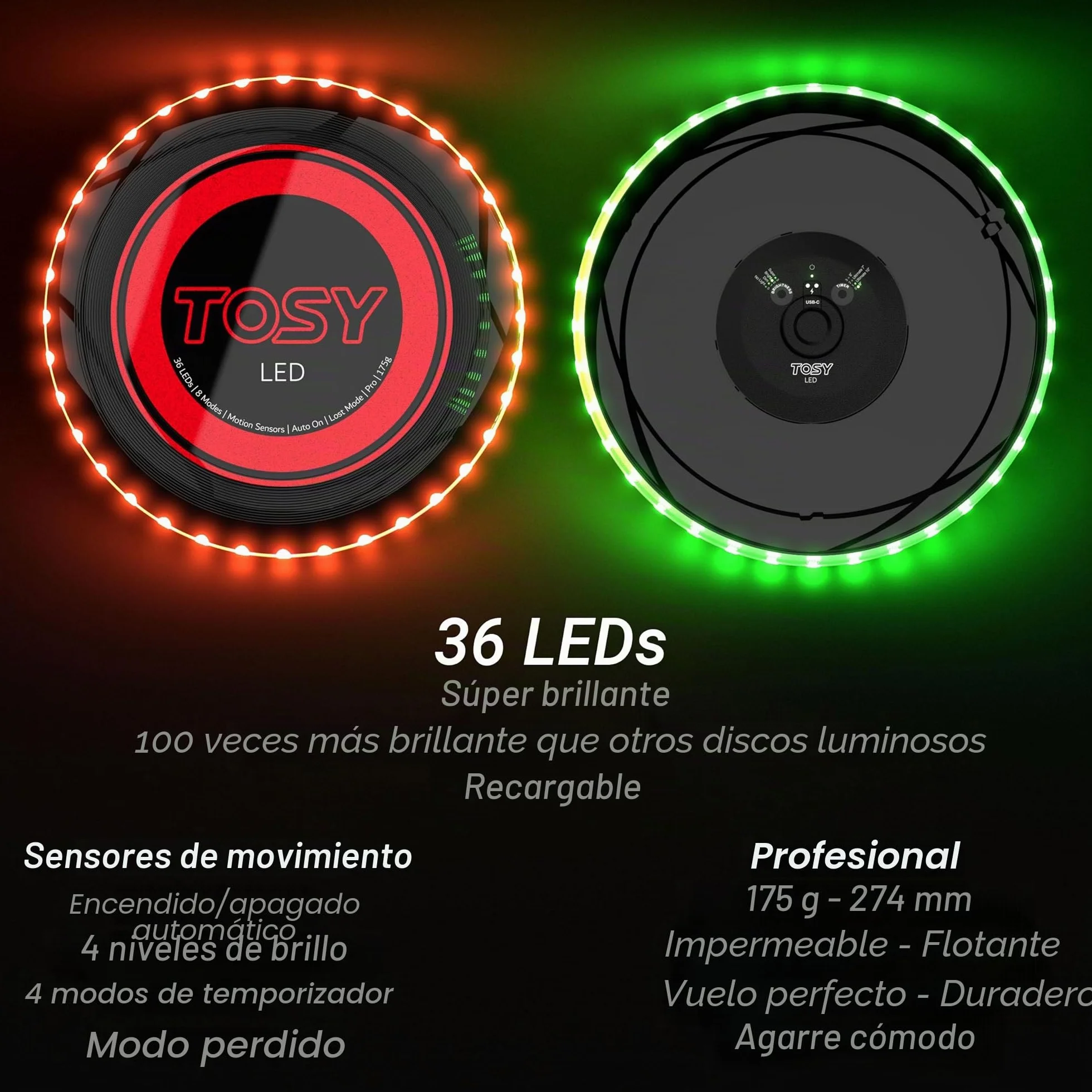 TOSY Flying Disc 36 Leds Recargable Iluminación automática Modos Inteligentes Frisbee 175 g