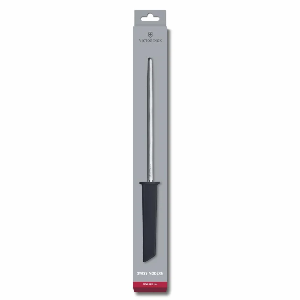 Victorinox Swiss Modern Chaira de acero para afilar, 23 cm, superficie de corte de mediana a fina, redonda, hasta 65 HRC, negro