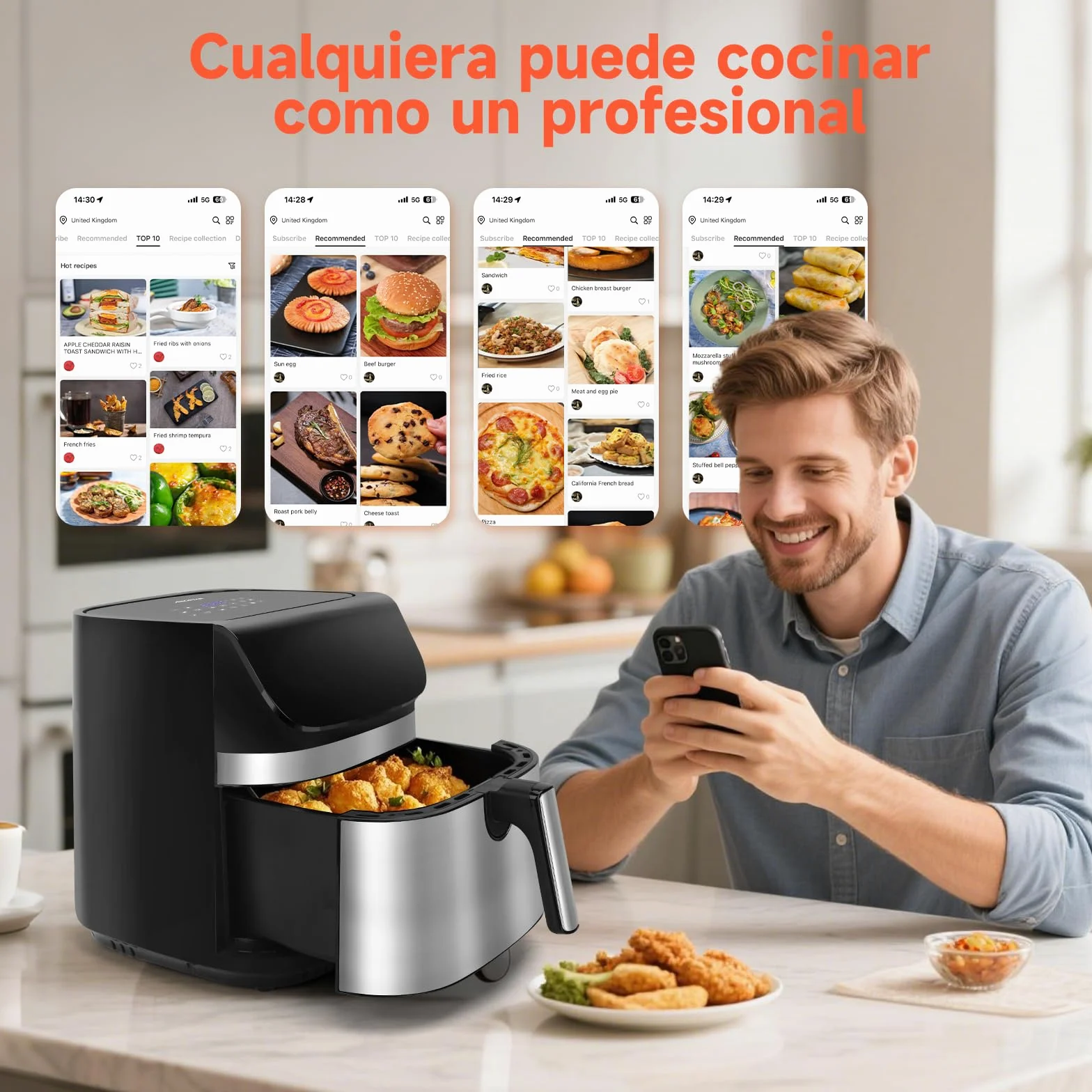 Aigostar Freidora de Aire XXL 8.8L Air Fryer 2200W, Doble Resistencia, 55% Menos Energía, Air Fryer con 13 Programas, Acero Inox Interior, Pantalla Táctil y Ventana, Comunidad Recetas, Negro