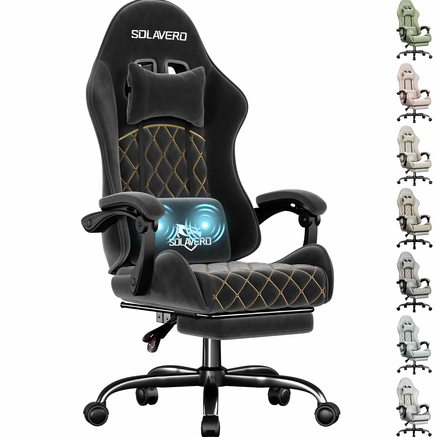 SOLAVERO Silla Gaming de Tejido de Antelina, Silla Gamer Ergonómica con Soporte Lumbar Masaje, Sillón Gamer con Reposapiés Telescópico, Capacidad 150KG, Cadeira Gaming Negro