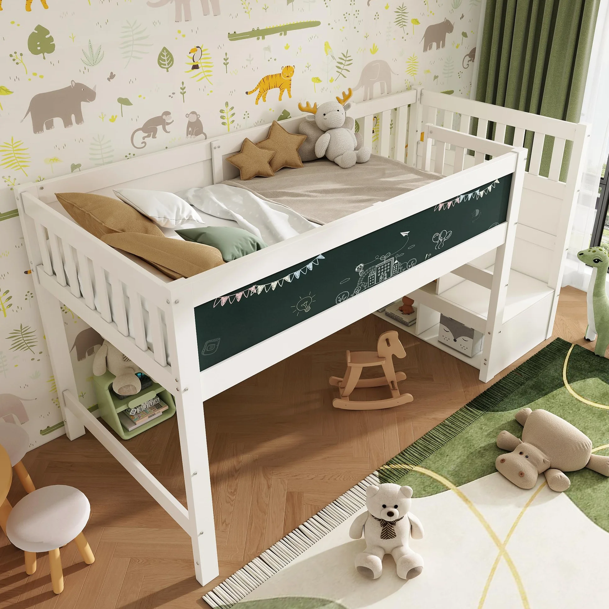 LAKFEW Cama Infantil Cama Alta 90x200 cm con Escalera de Almacenamiento y Pizarra, Camas Infantiles con Protección Anticaída, Cama para Niños, Camas Altas de Madera, Blanco, Sin Colchon
