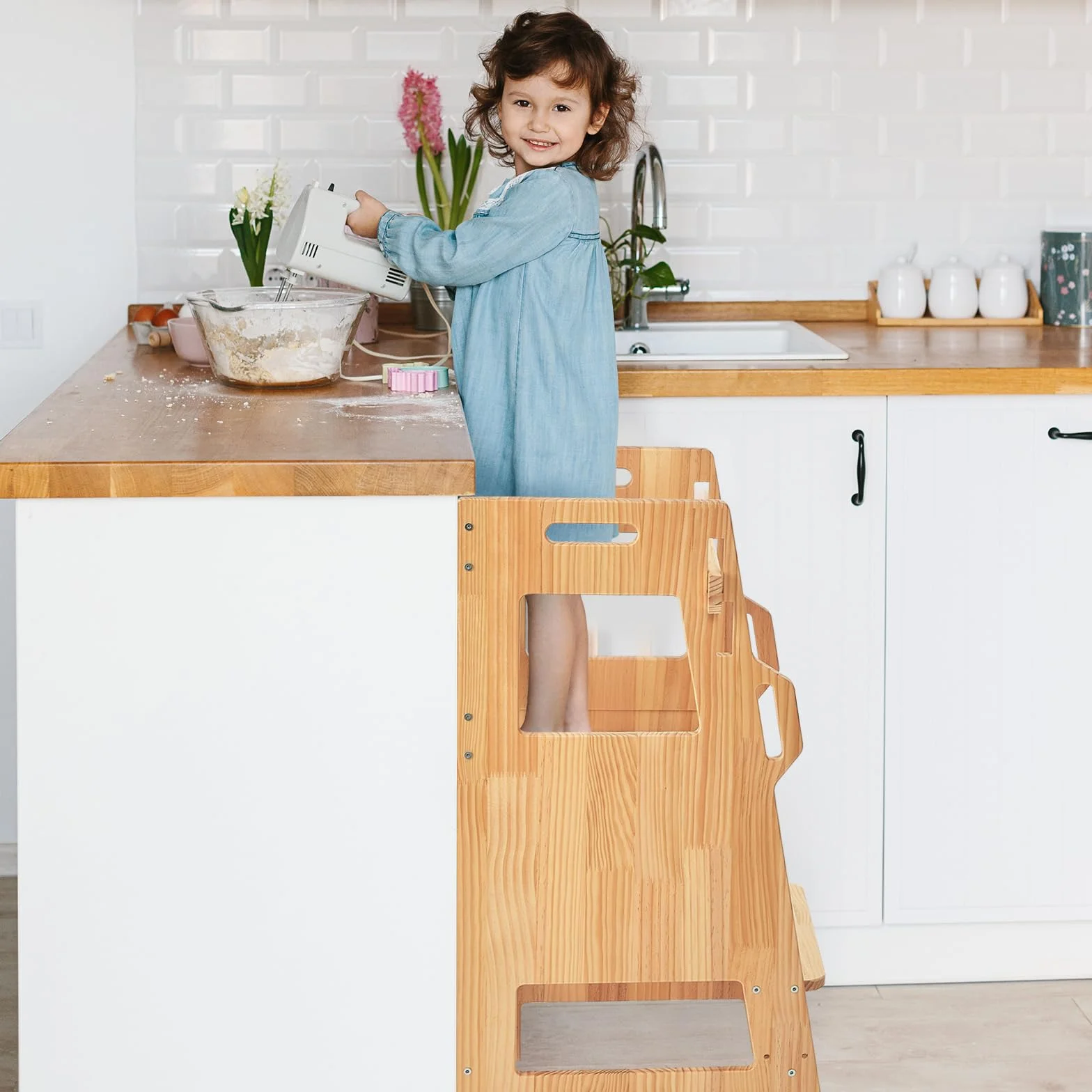 FUNLIO Torre de Aprendizaje con Red de Seguridad, Taburete Cocina Niños Ajustable 3 Niveles Montessori