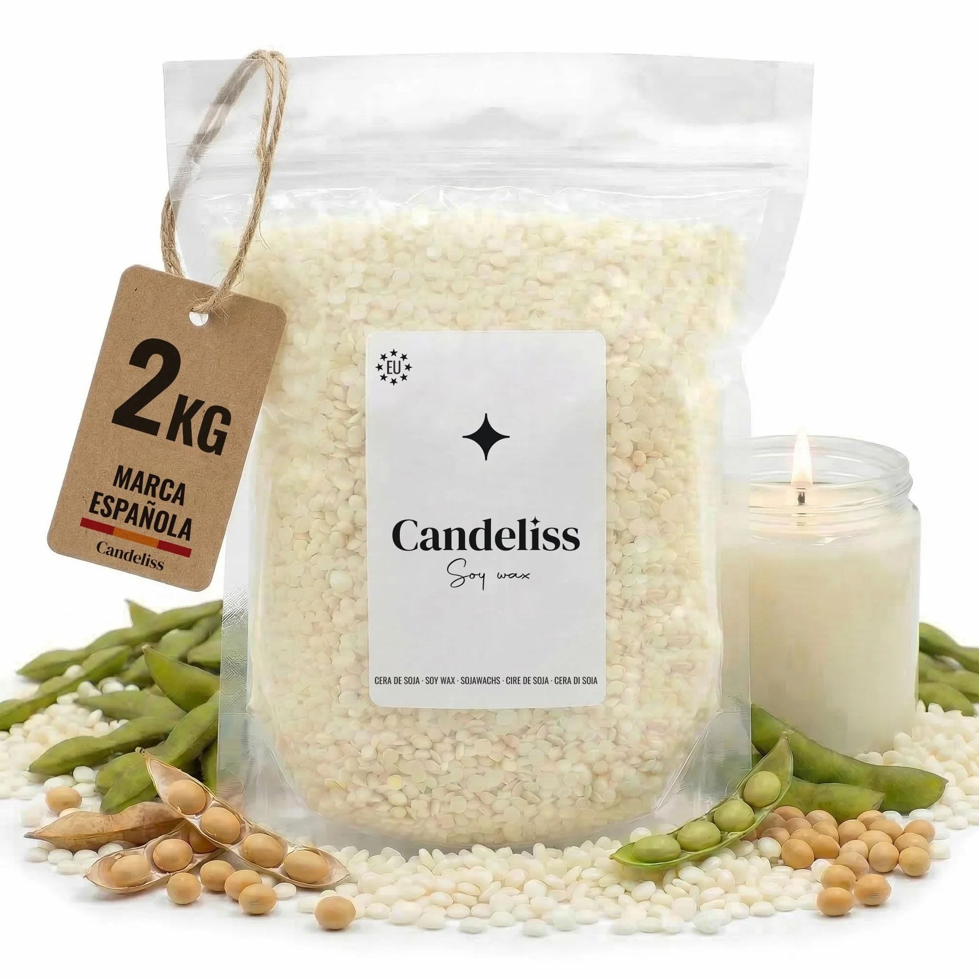 CANDELISS Cera para velas en Vaso 2kg. Cera de soja bajo punto de fusion para hacer velas caseras 2kg Material hacer velas blancas aromaticas color Soy candle wax candle making (2kg)