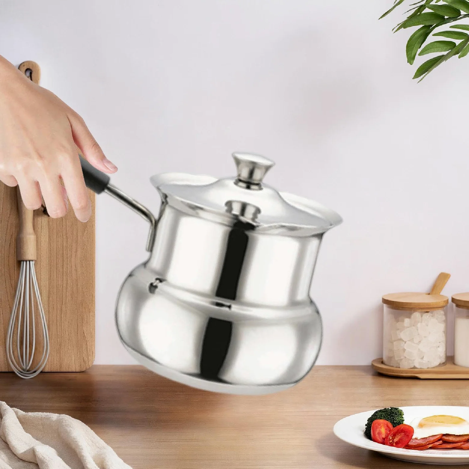 Amagogo Cafetera de Acero Inoxidable, Cafetera Turca, Calentador de Leche, Pequeña Portátil Universal, Sartén para Derretir Chocolate con Mango Cómod, Forma de tambor 720ml, tal como se describe