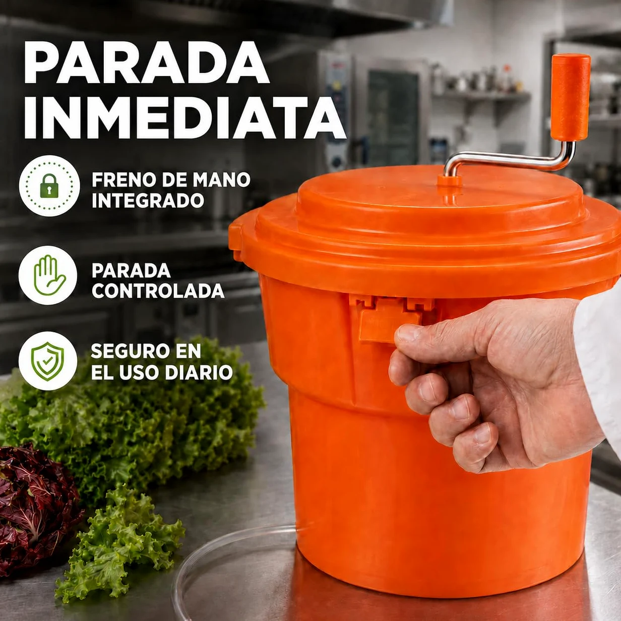 Centrífuga para Lechuga 25 litros, plástico Naranja, Ø 44 cm con Eje de transmisión Protegido, función de empaquetado y Manguera de desagüe, gastronomía, restaurantes escurridor de Ensalada