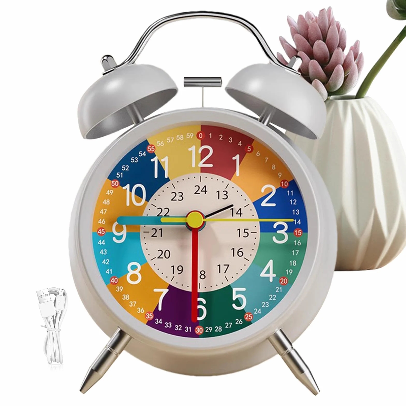 Analogue Alarm Clock Non Ticking Interactive Learning Clock For Kids 11.5x16cm Brightly Colored With Night Light