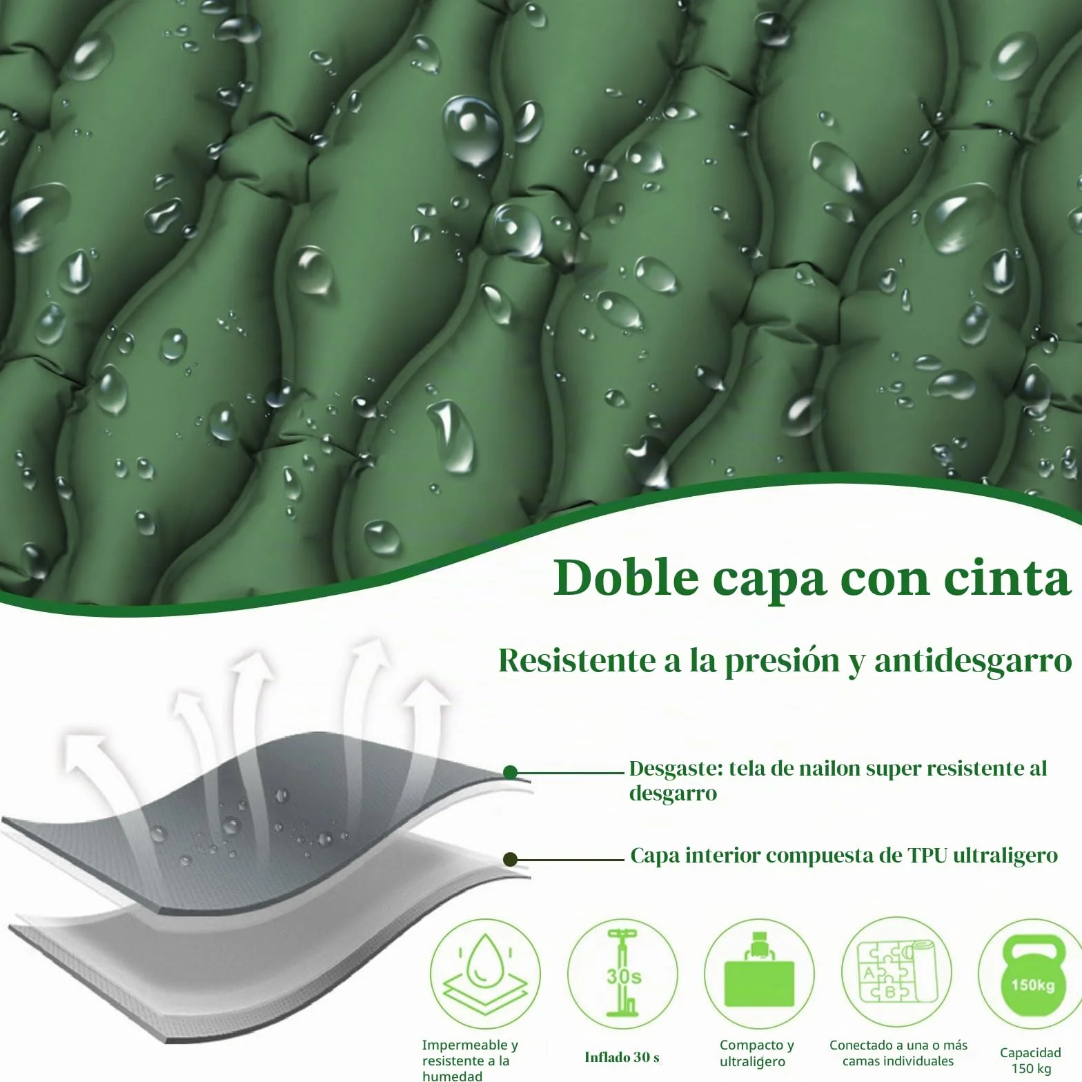 Colchón Hinchable Camping 10 cm Espesor con Almohada y Bomba de Pie, Esterilla Inflable para Dormir, Verde