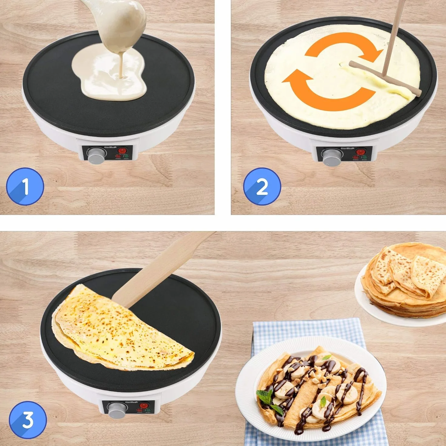 StarBlue Máquina Eléctrica Para Hacer Crepes Y Tortitas De 30,5 Cm, Con Libro Electrónico De Recetas Y Espátula De Madera, Ca 220-240 V, 50/60 Hz Y 1000 W, Enchufe Del Reino Unido Y Adaptador Europeo