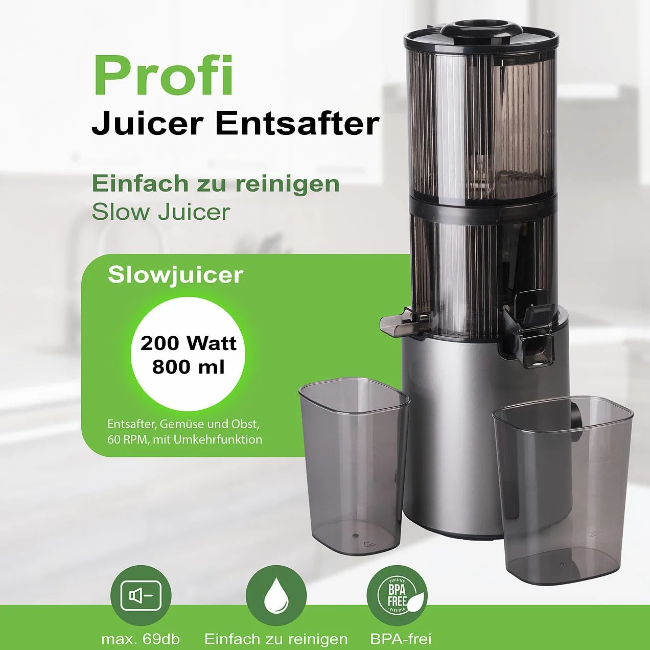 Rosenstein & Söhne Extractor de zumo lento eléctrico 200 W 800 ml con marcha atrás