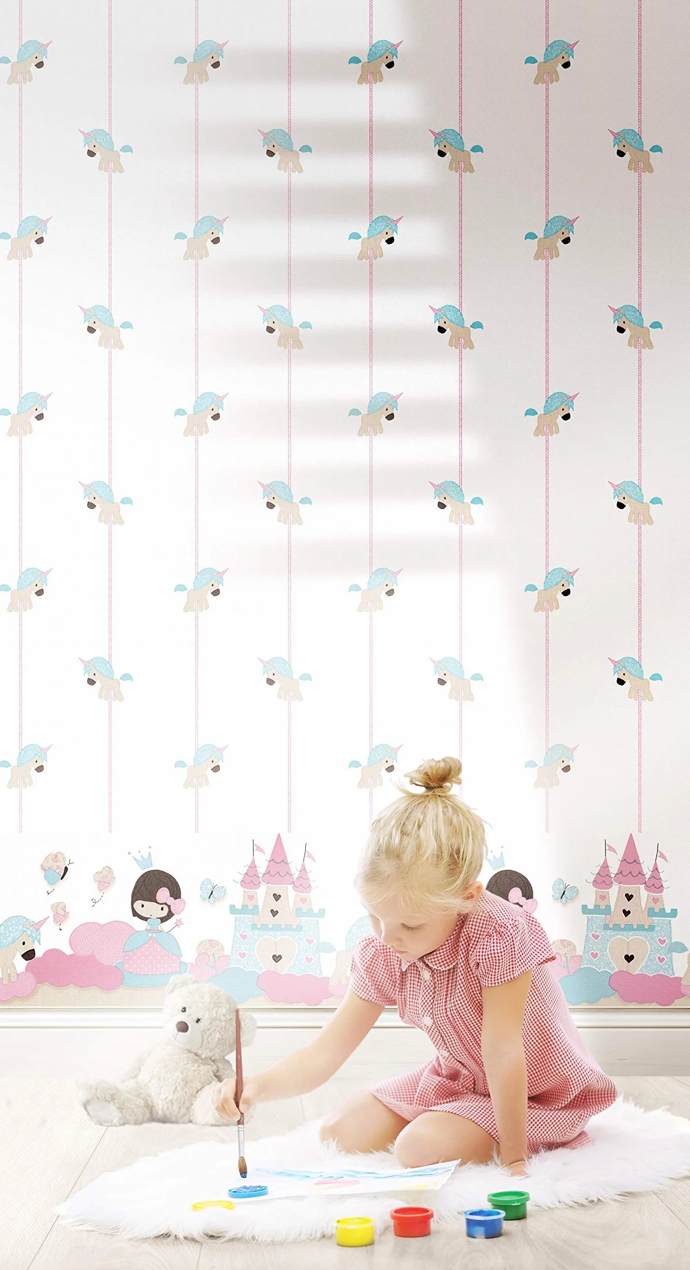 Rasch Textil Babylandia 105499 - Cenefa textil (fieltro, 5 x 0,26 m, 210 g), diseño de princesa, unicornio, castillo, mariposa, color rosa y azul