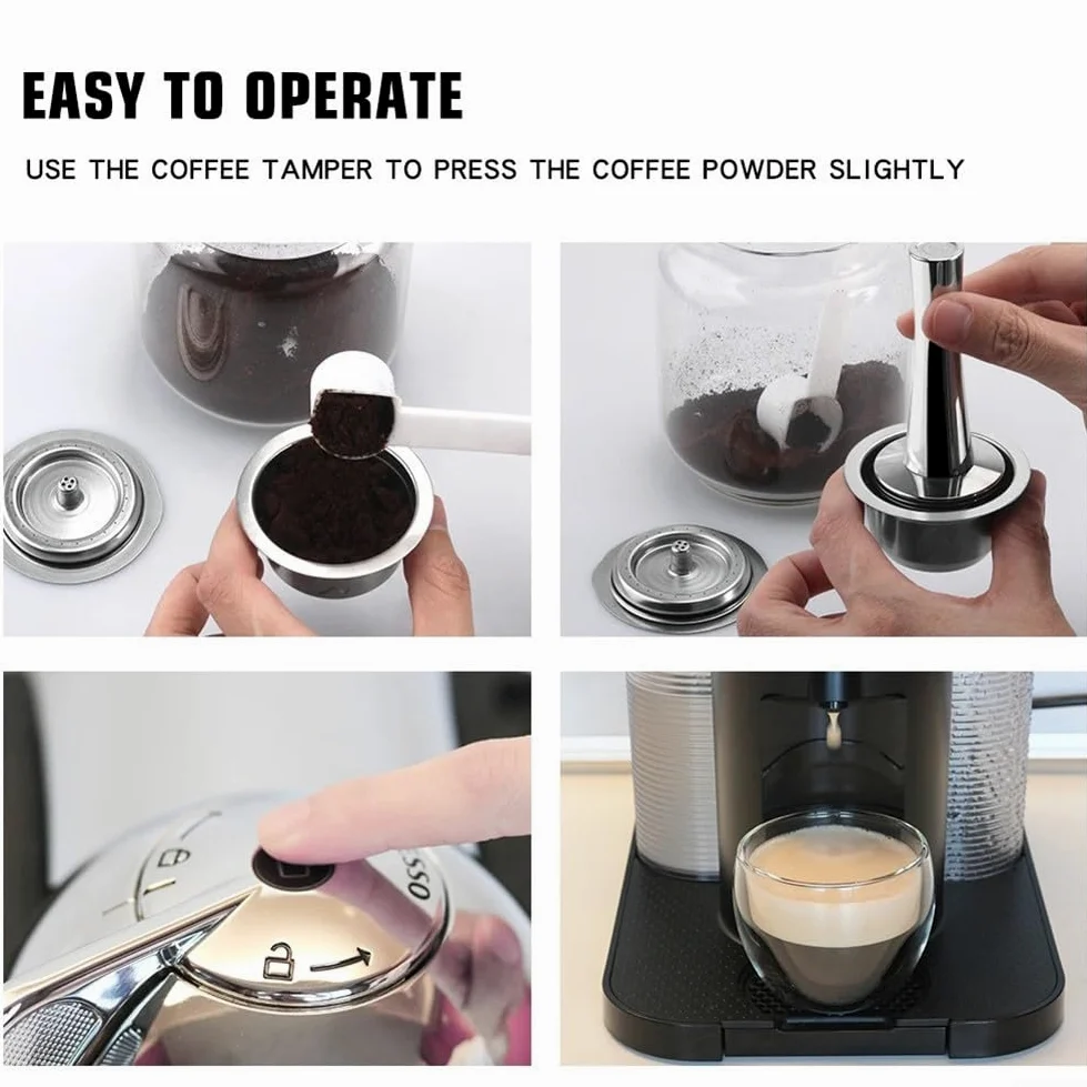 Cápsulas de café reutilizables de acero inoxidable, juego de filtros recargables con tapa y cepillo de cuchara, carcasa de metal respetuosa con el medio ambiente para preparar la cocina en