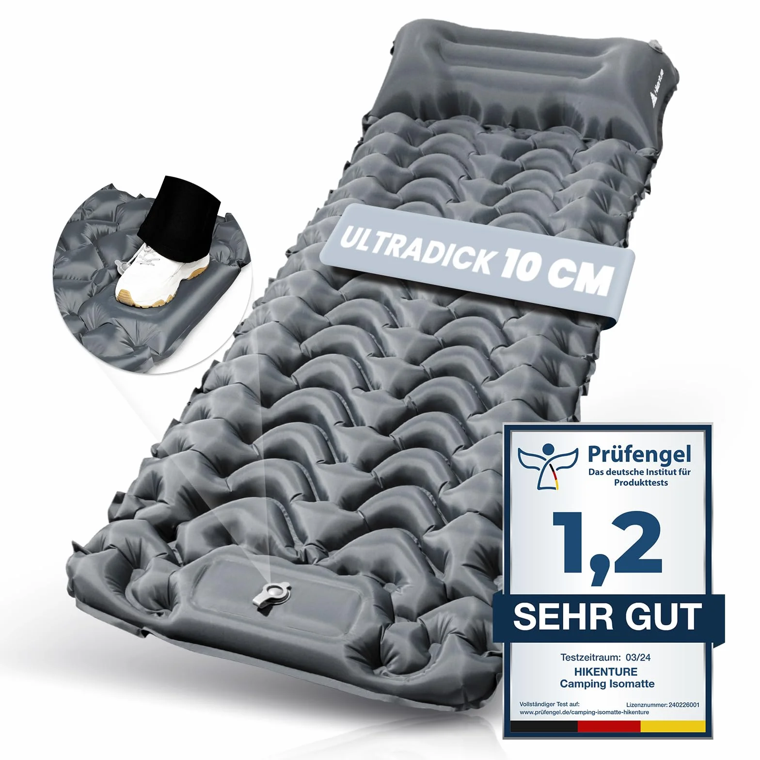 HIKENTURE Colchoneta isotérmica para camping 10 cm colchón de aire hinchable con bomba de pie