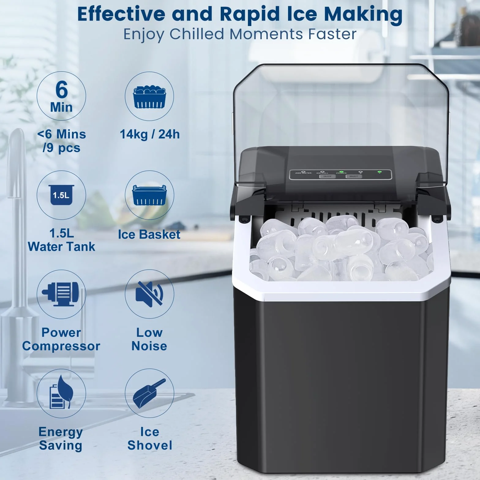 Maquina de Hielo, 9 Cubos en 8 Minutos,2 Tamaños de Hielo,1,5L Tanque,14Kg/24H, Ice Maker Machine Autolimpiante con Asa, Pala para Inicio/Cocina/Oficina/Bar (Negro)