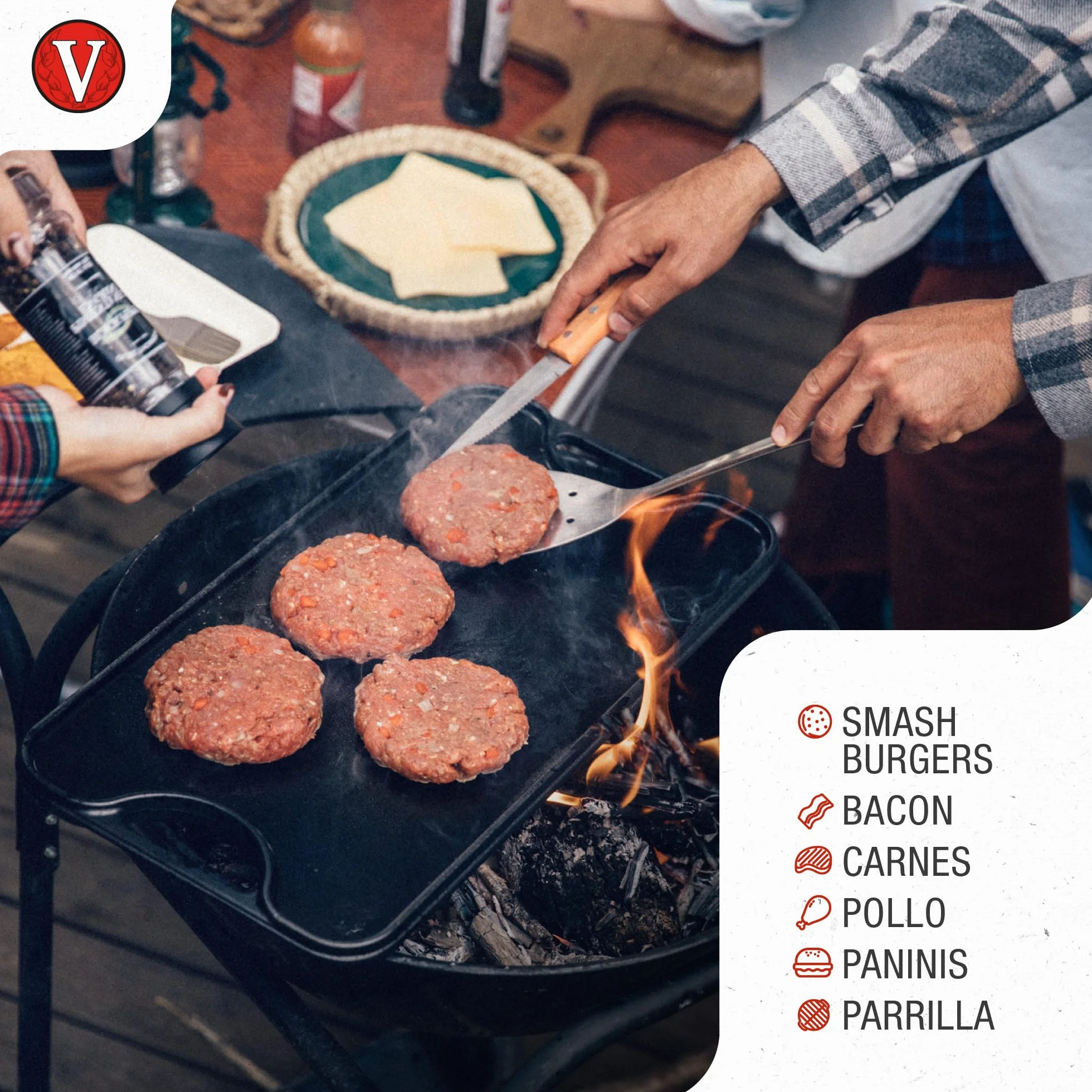 Victoria Prensa Hamburguesas Smash Burger Hierro Fundido Esmaltado 16,5cm Aplastador de Carne para Barbacoa Profesional, Mango Resistente al Calor, Libre de Tóxicos sin PTFE ni PFOA