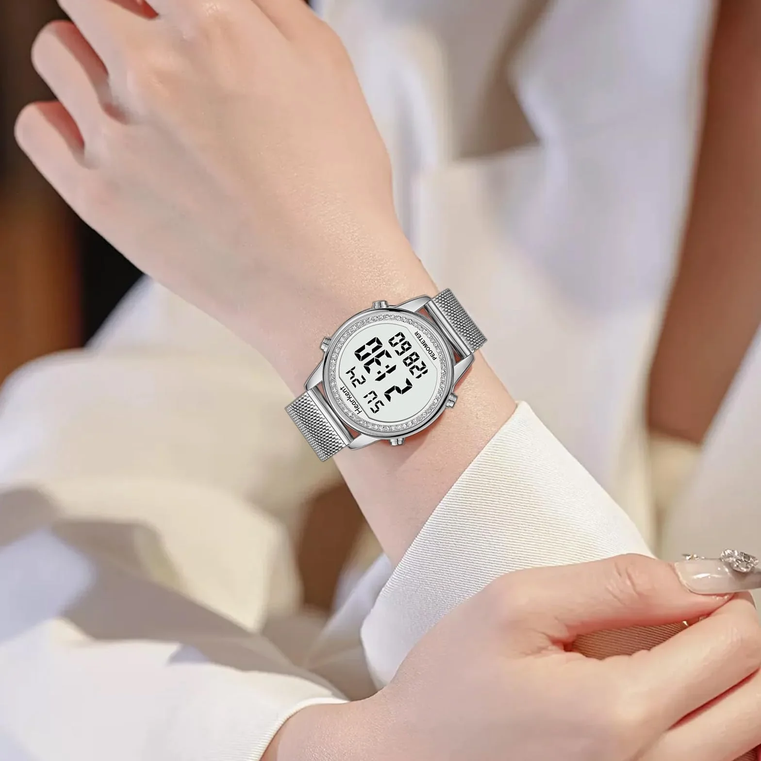 Hearkent - Reloj podómetro para mujer, correa de nailon flexible, sin aplicación ni carga necesarias, con conteo de pasos, calorías de distancia, reloj y retroiluminación de pantalla