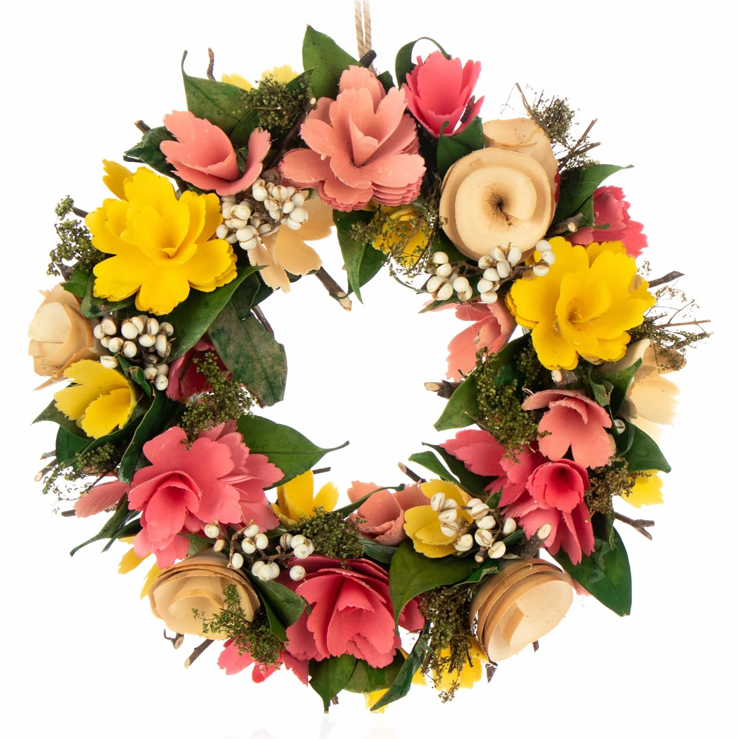 COM-FOUR® Corona de Puerta de Primavera con Flores de Madera - Corona de Mesa Decorativa - Corona de decoración con Colgador - Diámetro Aprox. 30 cm