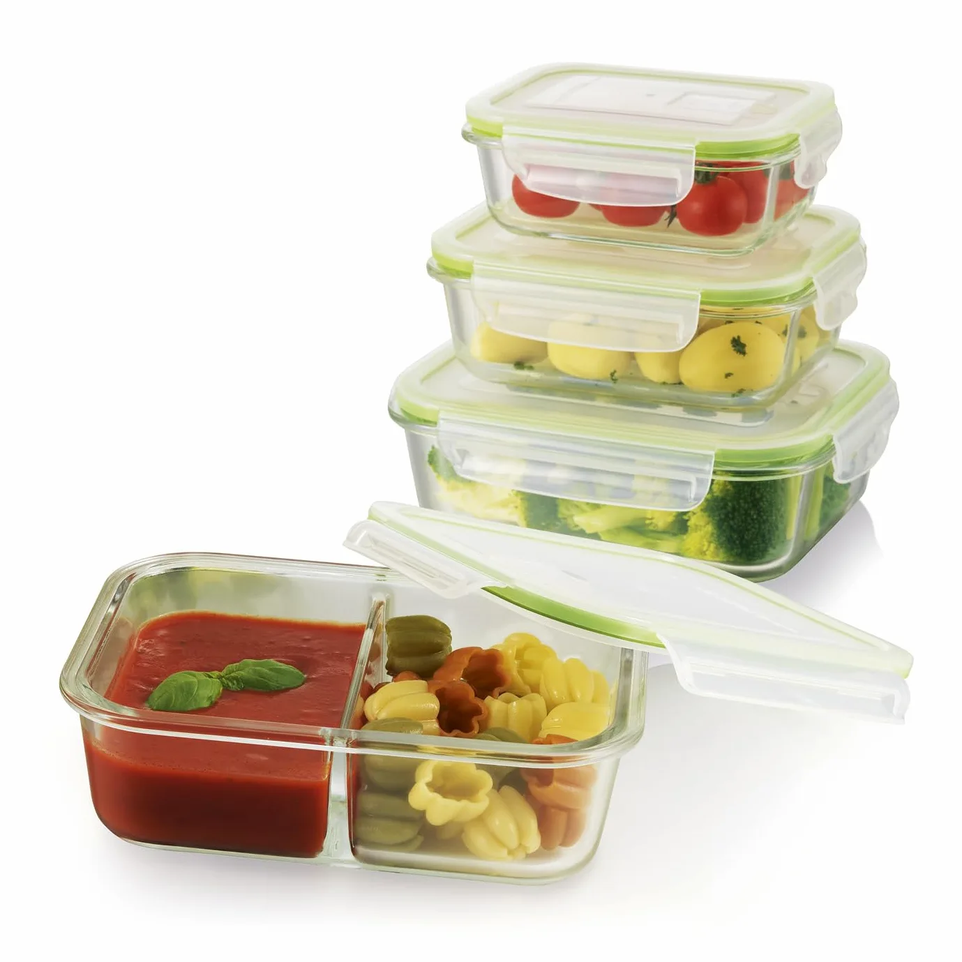 GOURMETmaxx Juego de 4 recipientes de vidrio herméticos | Aptos para el lavavajillas, el microondas y el congelador | Tapa con junta de silicona y cierre de 4 clics | Verde lima