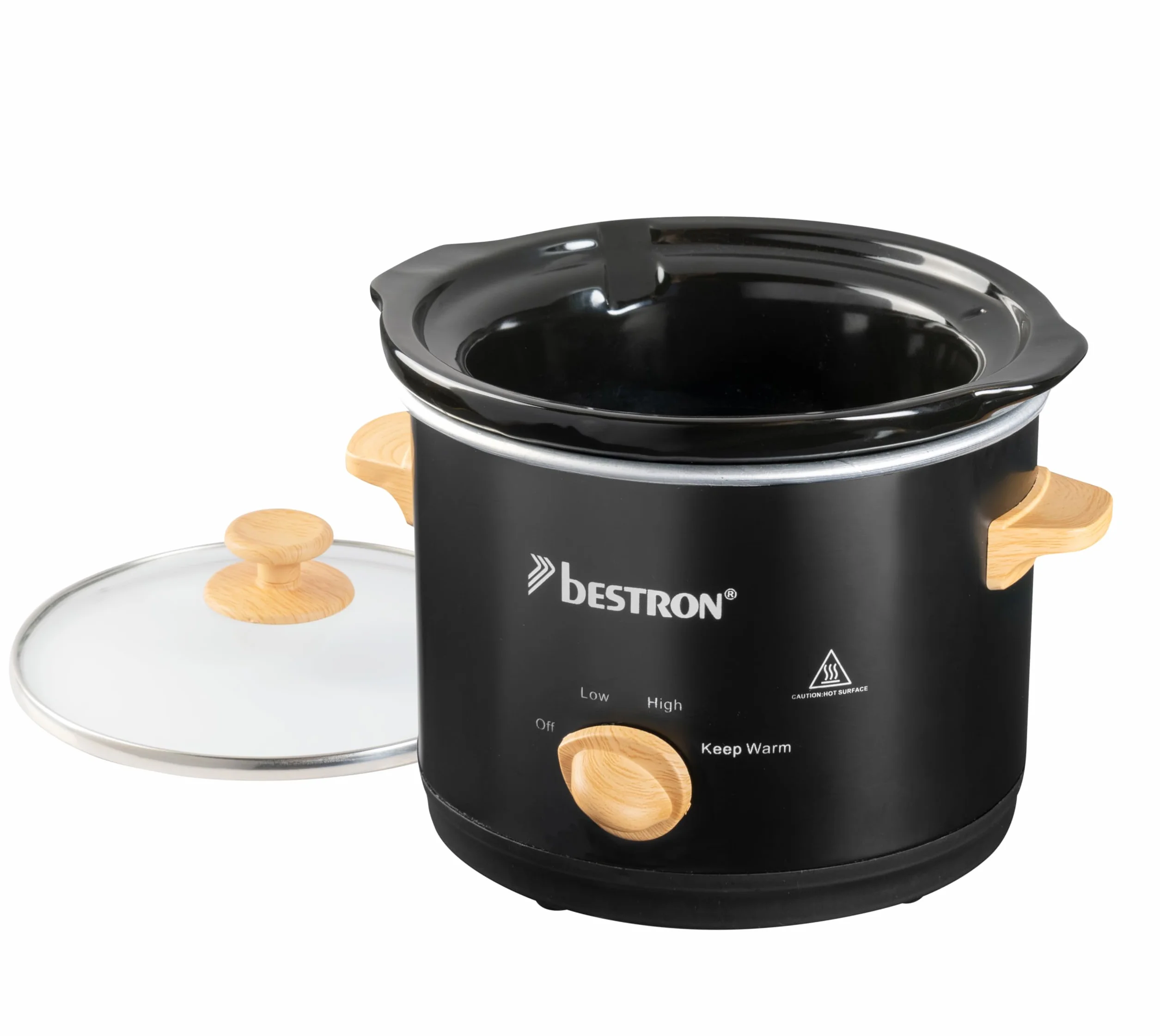 Bestron Slowcooker 1.5 L Olla de Cocción Lenta con Cacerola de Cerámica y Tapa de Vidrio, Termostato 3 Niveles, Negro/Madera