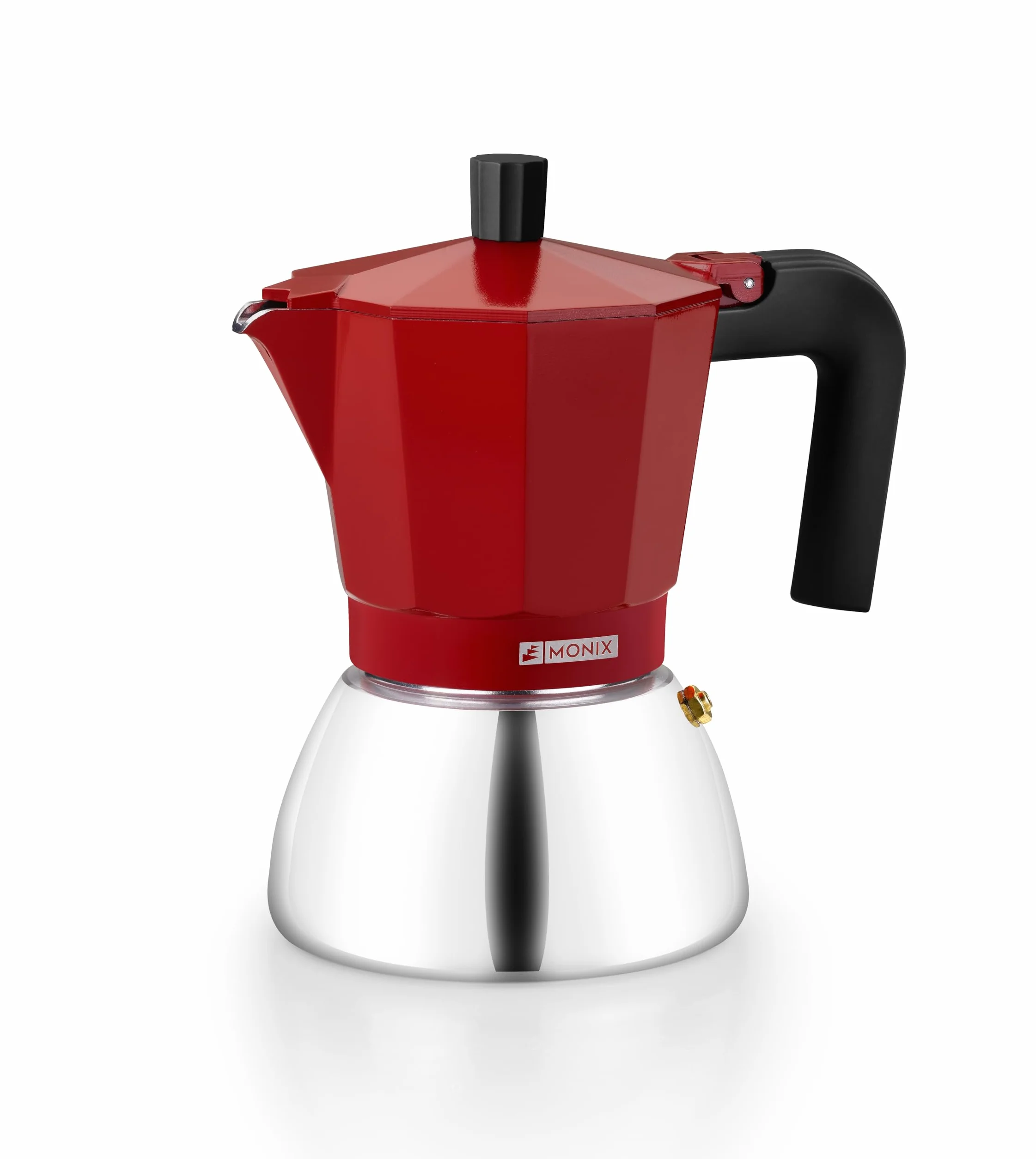 Monix Induction Inox | Cafetera Italiana de Aluminio y Acero Inoxidable, 9 tazas de capacidad, Mango termorresistente, Fácil de Lavar, Apta para todo tipo de Cocinas incluida Inducción, color rojo