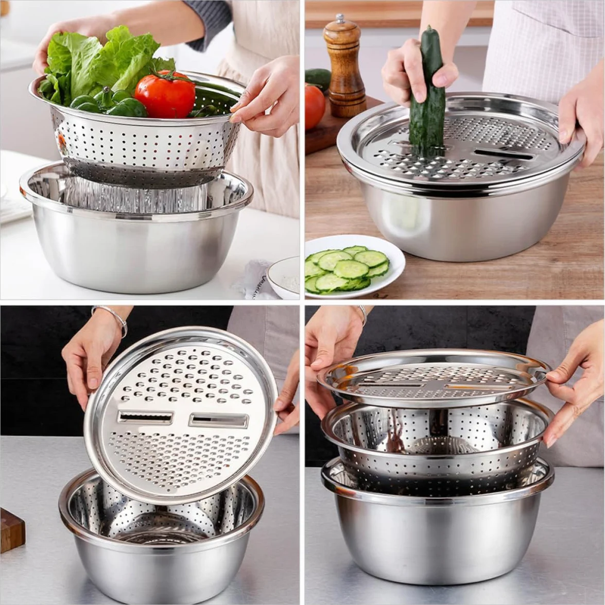 Juego de Coladores de Acero Inoxidable 3 Piezas con Borde Grueso | Plata, Lavado y Cocina Doméstica, Cuenco para Cortar Verduras con Gran Reborde