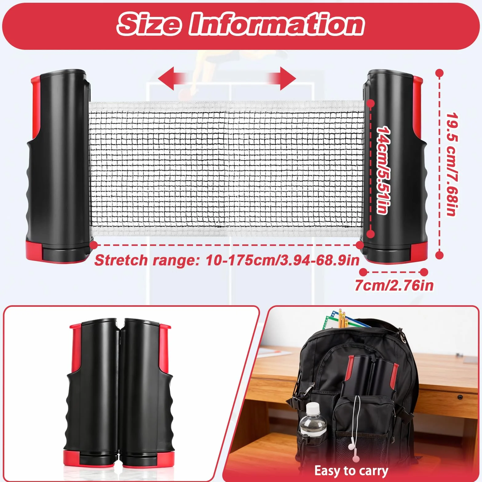 Red Ping Pong Retráctil 10-175cm, Soporte Tenis Mesa Extensible, Redes Ping Pong Telescópica para Mesa Familiar (Negro)