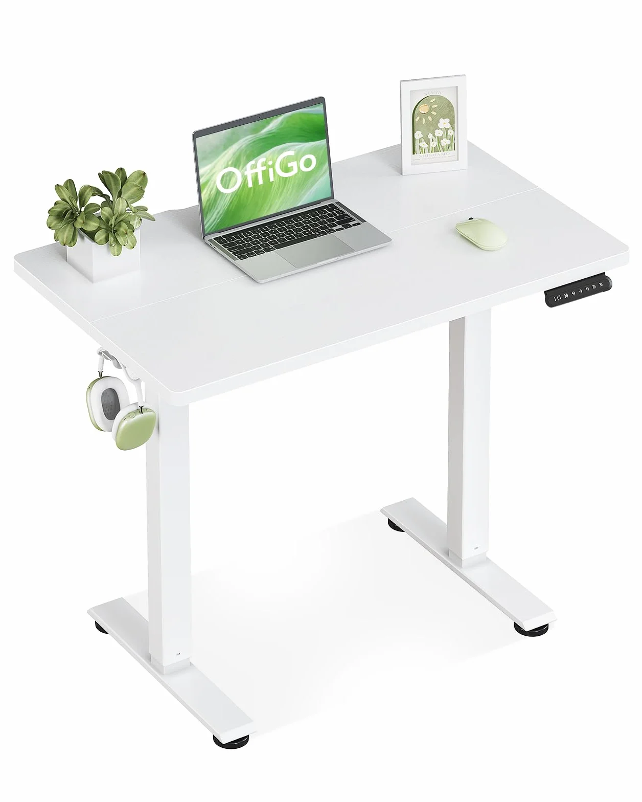 OffiGo Escritorio Elevable, 80 cm Escritorio Pequeño con 3 Memorias de Altura, Mesa Elevable Electrico para Estaciones de Trabajo en Casa, Mesa Ordenador Compacta para Espacios Pequeños, Blanco