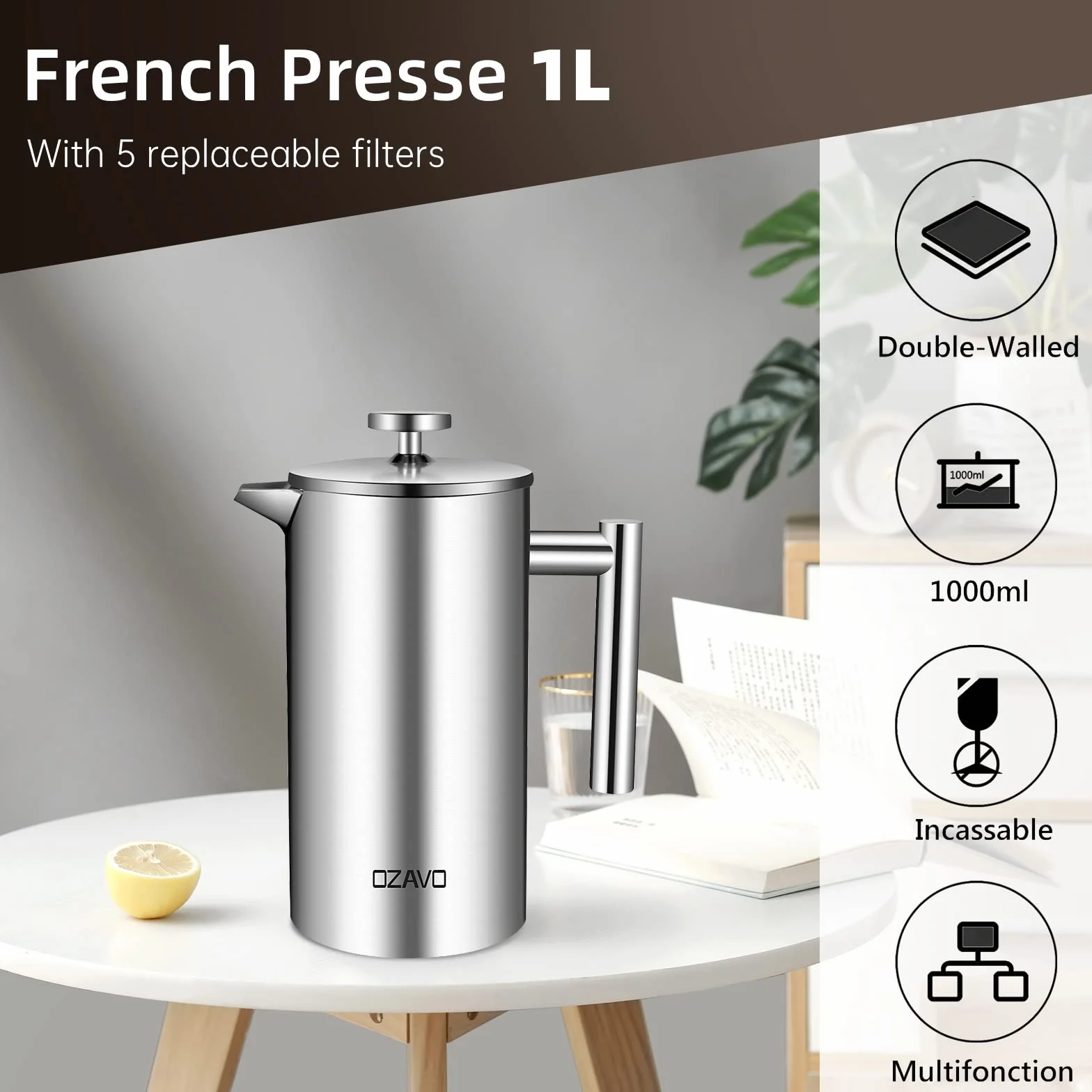 Cafetera de Émbolo Individual Prensa Francesa Acero Inoxidable 1L Plateado