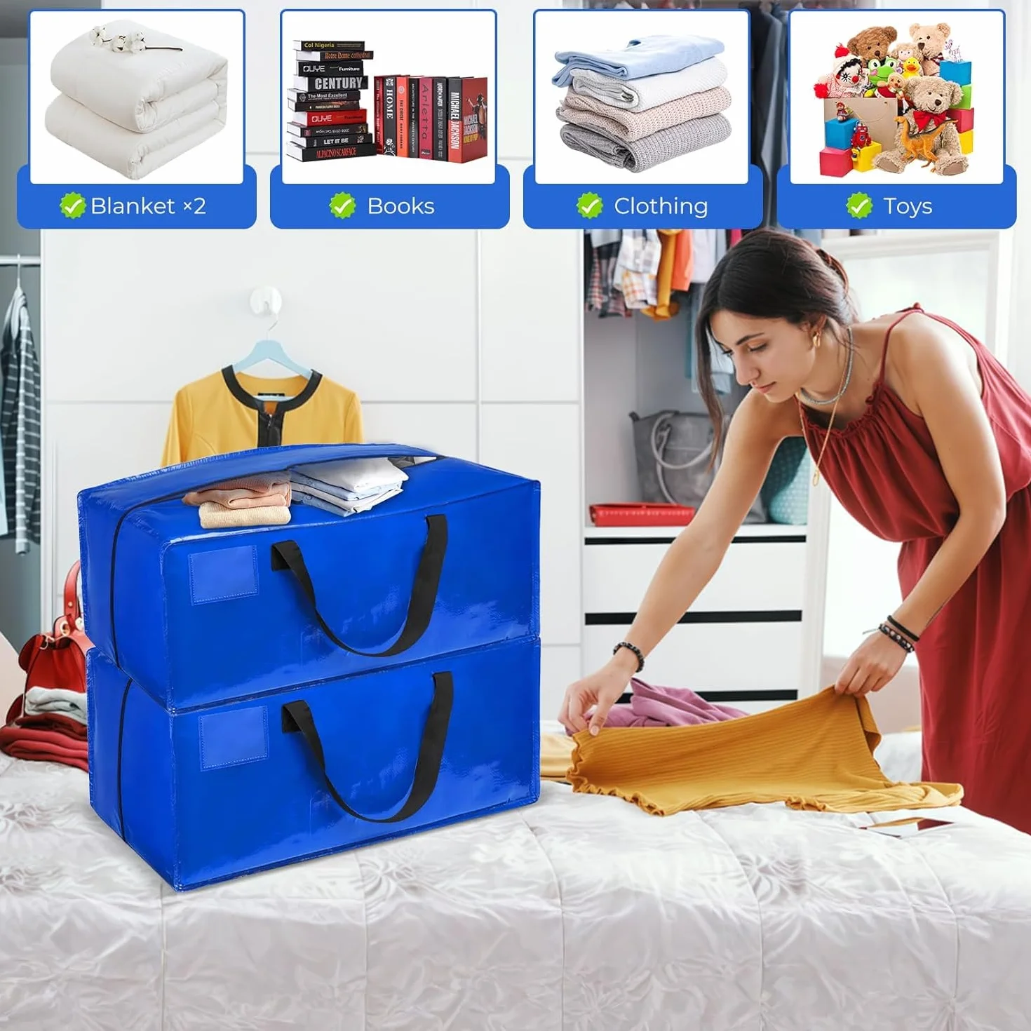 Bolsa Mudanza Grande 90L, Impermeable Bolsas de Mudanza con Correas de Mochila, Cremallera y Asas Resistentes, Bolsas de Almacenamiento Ahorrar Espacio, para Guardar Ropa y Embala