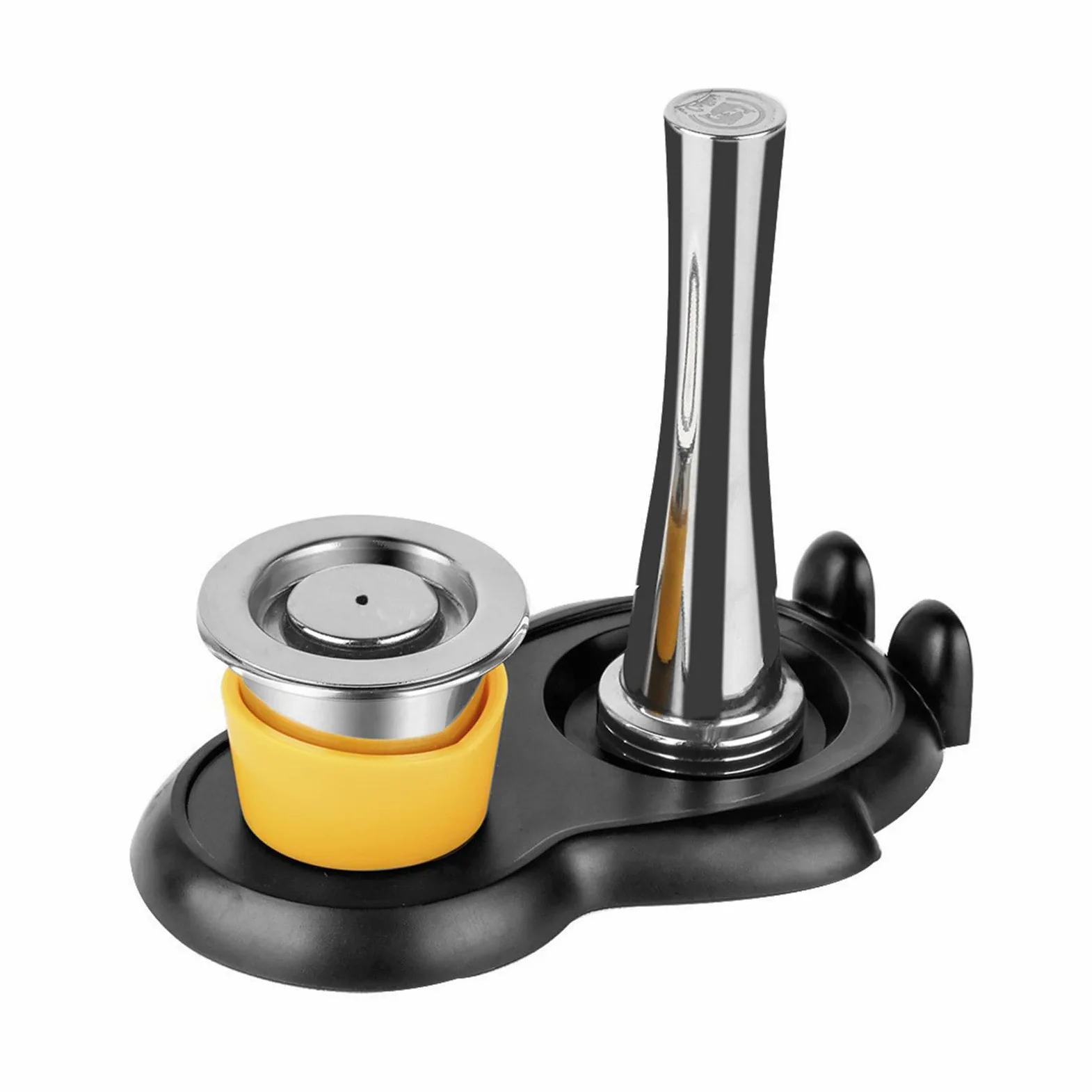 PURPLELILY Martillo de acero inoxidable para prensar café espresso en polvo para portafiltro cápsula, cepillo de limpieza para máquina de café
