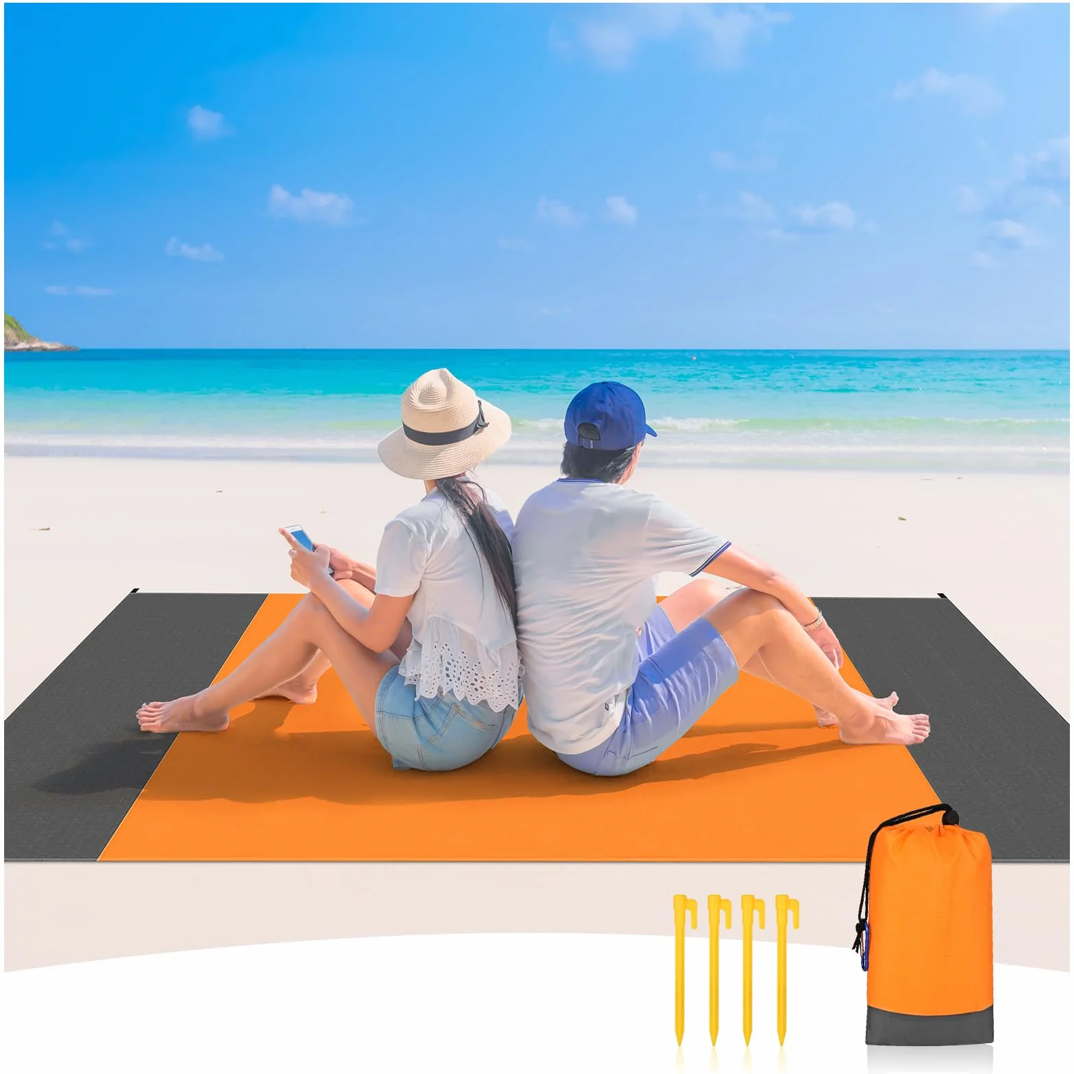 Alfombra de Playa Impermeable 200x210 cm con 4 Clavos Fijos, Manta de Picnic Grande a Prueba de Arena para Camping y Viajes