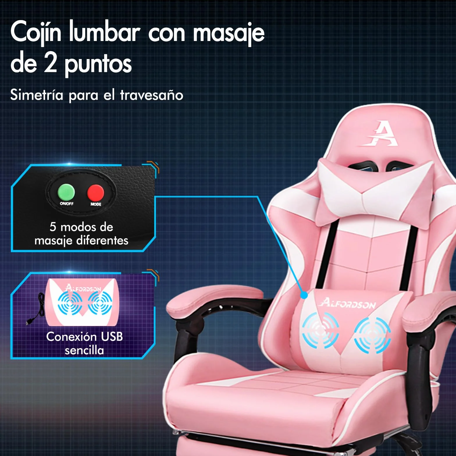 ALFORDSON Silla Gaming Escritorio con Masajeador, Silla Gamer Ergonómica Cojín Lumbar y Cervical, Reposapiés Retráctil, Ruedas Giratorias 360°, para Oficina, Videojuego, Ordenador, Cuero PU(Rosa)