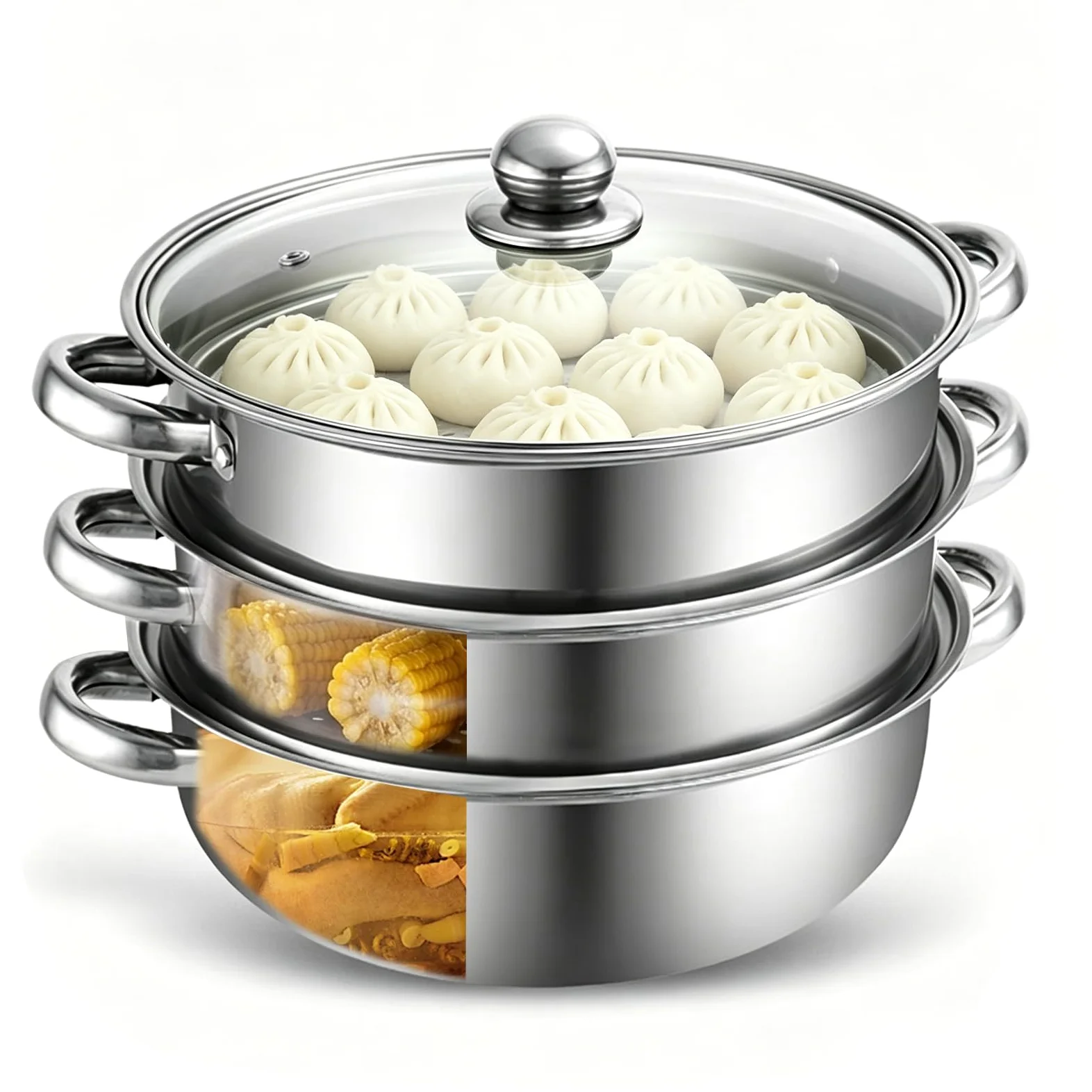 Olla Vaporera 28cm – Cocción al Vapor en Acero Inoxidable de 3 Niveles con Tapa de Vidrio – Para Sopas, Verduras, Pastas y Mariscos – Apt para Inducción y Lavavajillas
